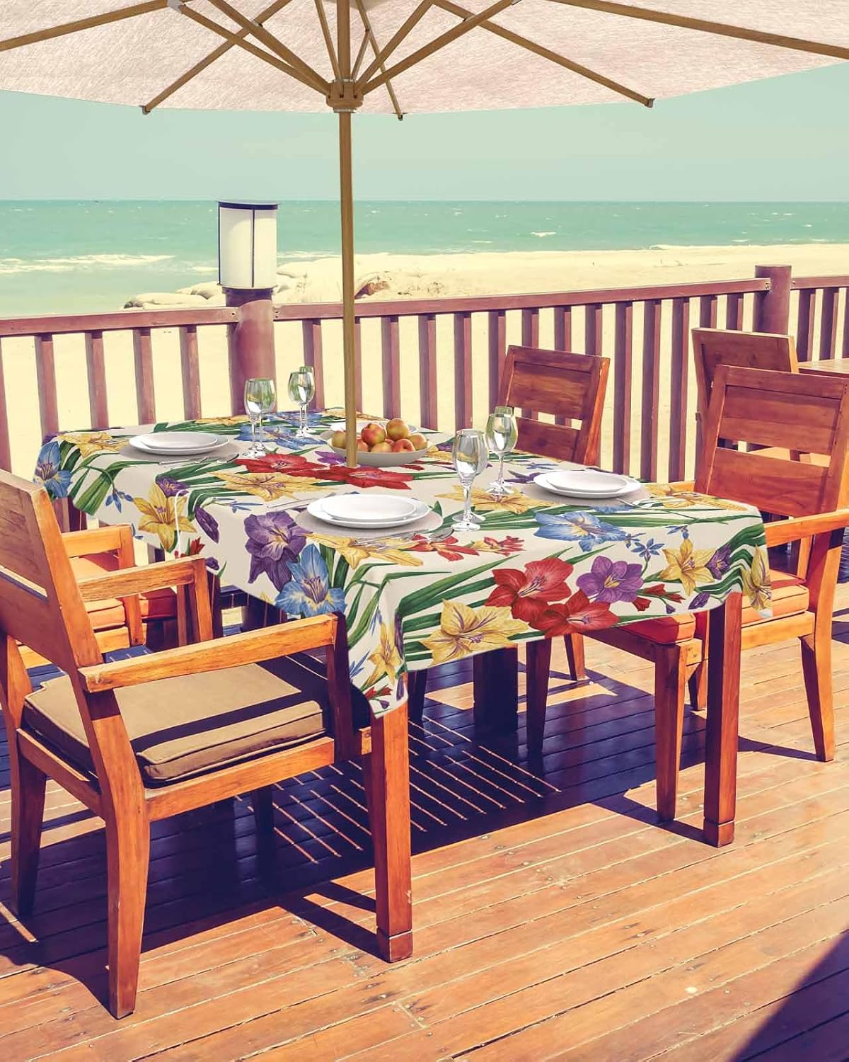Outdoor Tablecloth with Umbrella Hole and Zipper, Spring Florals Waterproof Table Cloth for Patio/Party/Picnic, Blue Red Yellow Flowers Table Cover, 60x102 Inch Rectangle
