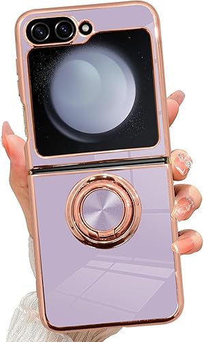 SAKUULO Funda para Samsung Galaxy Z Flip 5 con soporte de anillo magnético de rotación de 360, chapado brillante, borde dorado, suave, delgado, a