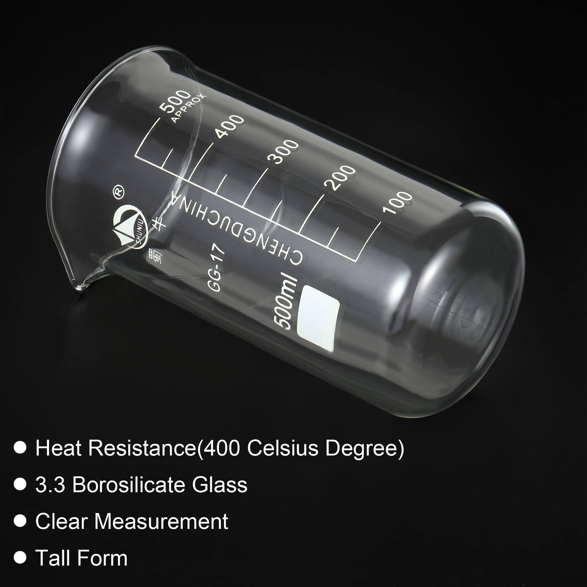 PATIKIL 500ml Alto Forma Vidrio Cubilete, 2 Paquete 3.3 Borosilicato Vidrio Graduado Impreso Escala Medición Tazas con Caño para Cocina Laboratorio Líquidos