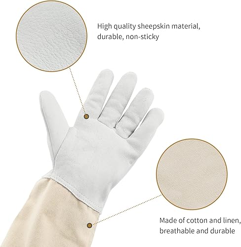 Miniatura 4 de Kinglake Guantes de Apicultura de Piel de Cabra perfecta para el apicultor principiante, Guantes protectores con mangas Vented, 2 unidades.