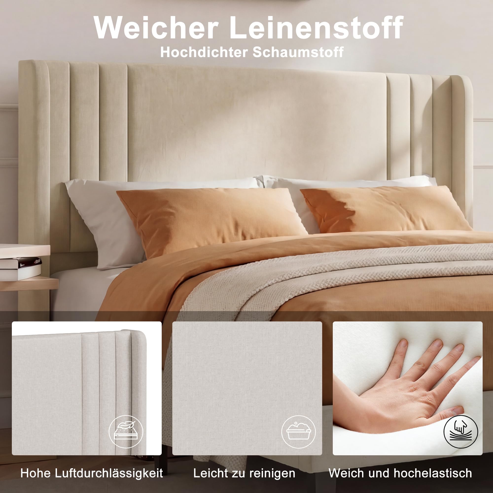 Letto imbottito 160 x 200 cm, letto matrimoniale con testiera imbottita, letto moderno 160 x 200 cm, telaio del letto con rete a doghe in legno e metallo, per camera da letto, camera degli