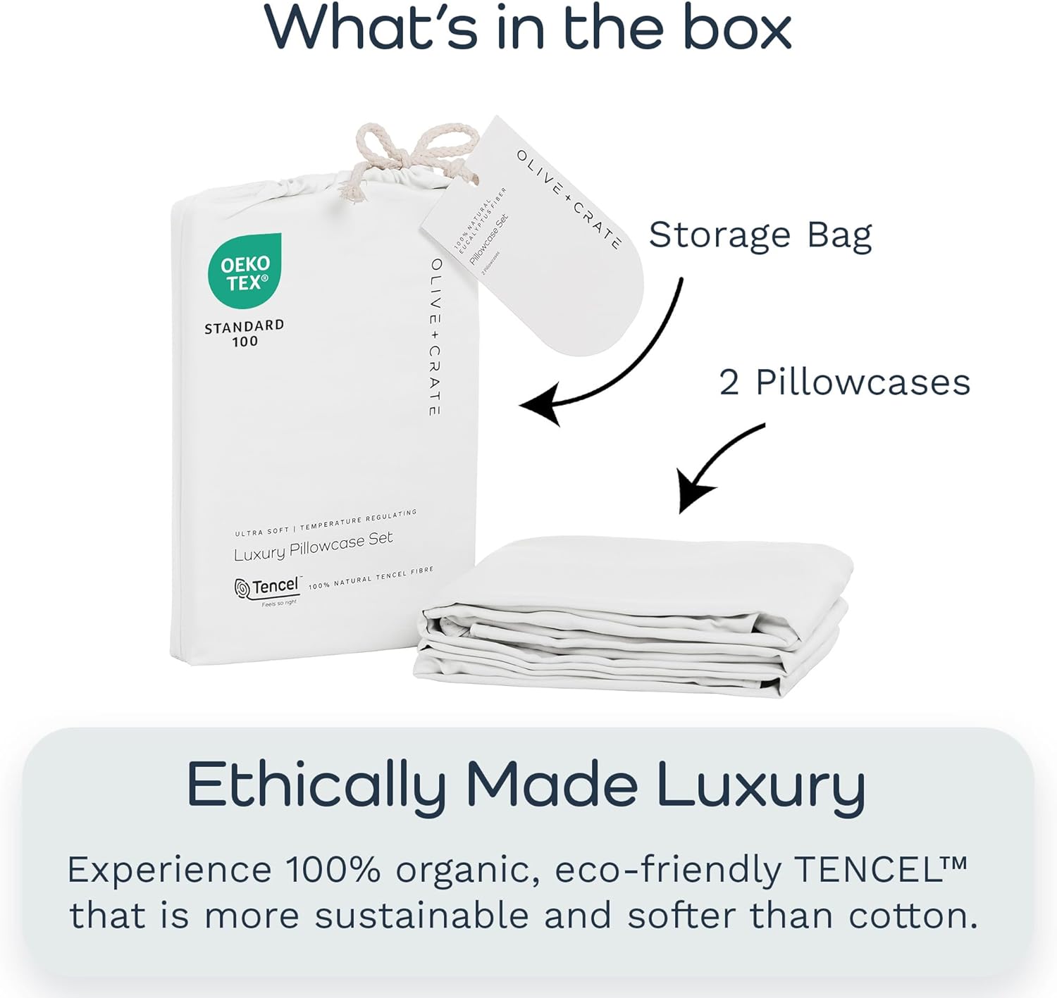 Olive + Crate Tencel Eucalyptus Pillowcases - 100% Tencel Lyocell Cooling Pillow Cases for Hot Sleepers - Hypoallergenic, Moisture-Wicking, Silk Alternative, Vegan - Queen Size Set of 2 [White Snow]