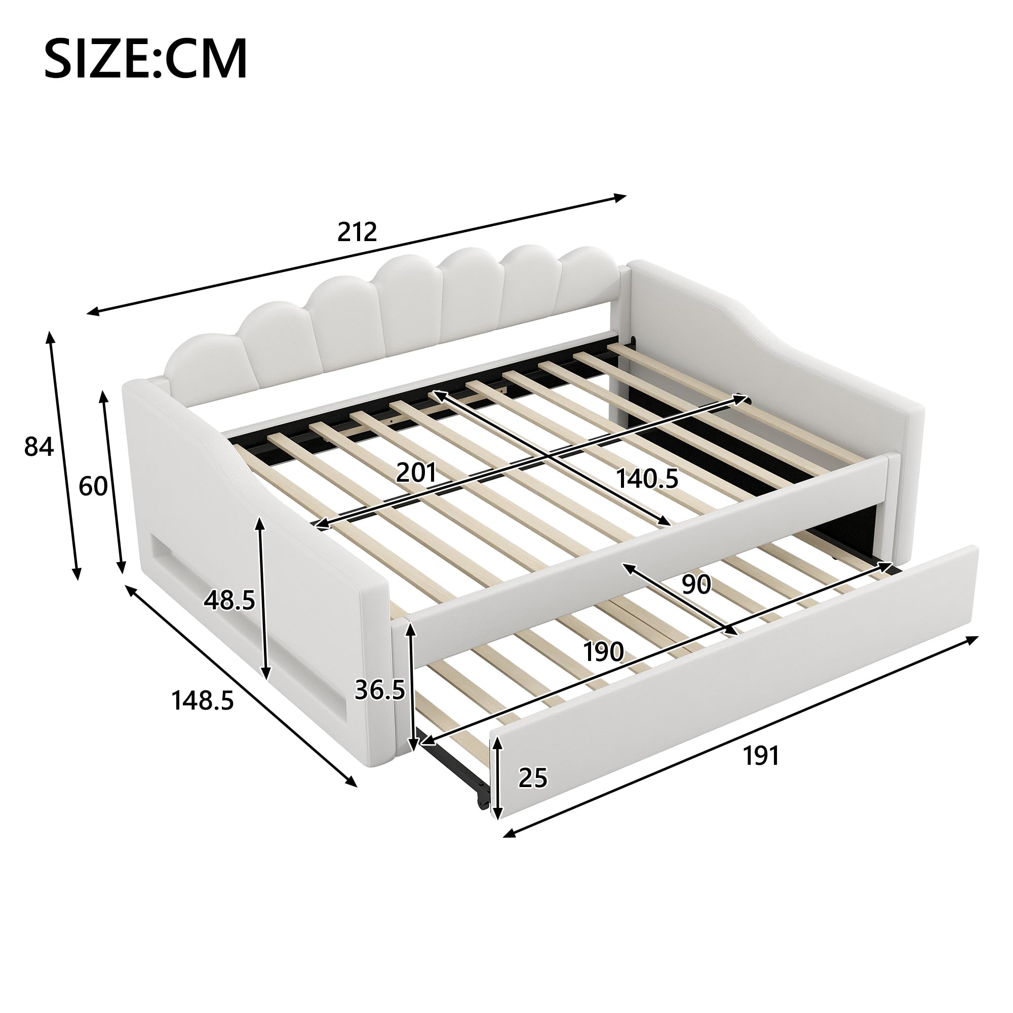 Moimhear Divano letto imbottito, 140 x 200 cm, con cintura LED e letto estraibile (90 x 190 cm), con rete a doghe, senza materasso (beige)