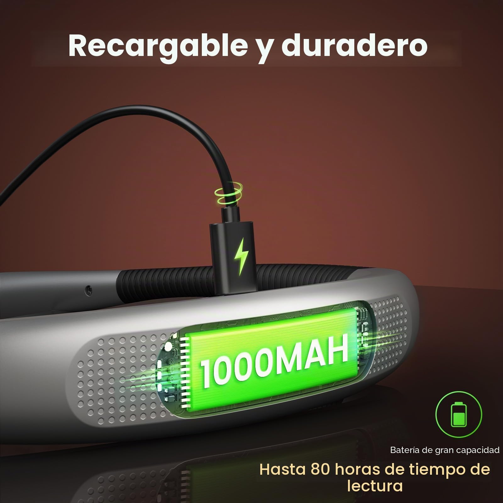 Glocusent Luz de Lectura, Lampara Libro de Lectura Recargable, 3 Colores, 6 Niveles de Iluminación, Brazos Flexibles, Larga Duración, Perfecto para Leer, Tejer, Acampar, Reparar