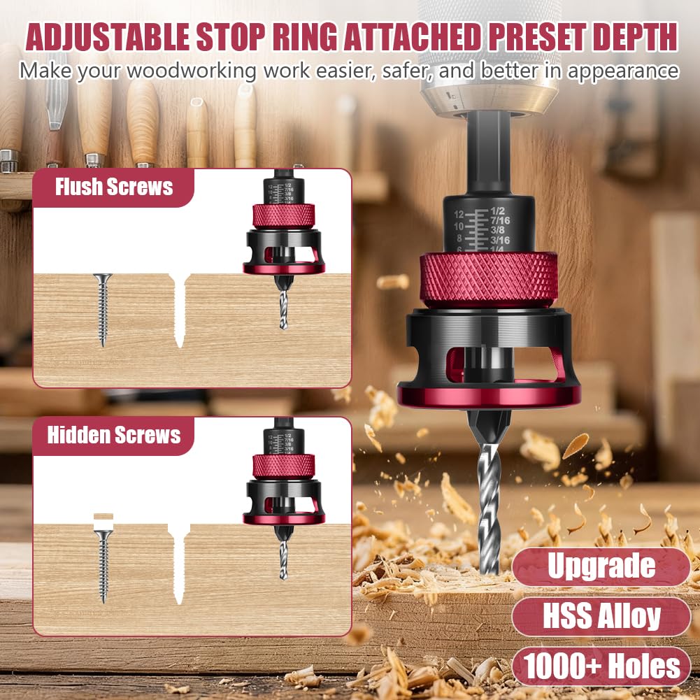 Juego de 6 Broca Avellanadora para Madera con Tope de Profundidad, Diámetro 2.8/3.2/3.5/4 mm,con Llave Hexagonal y Vástago de Broca de 1/4 de Pulgada,para Carpintería y Bricolaje(Rojo)