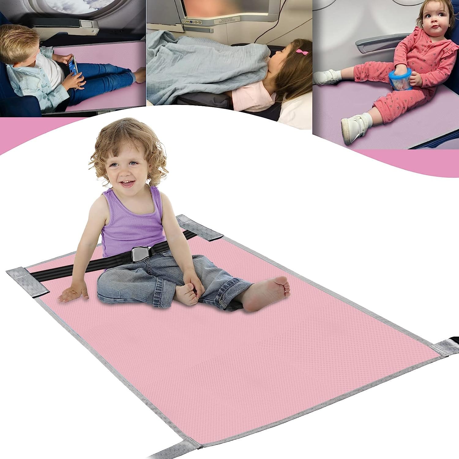 THE WHITE SHOP Airplane Travel Essentials for Kids, Toddler Airplane Seat Extender, Air Cot for Baby Airplane Travel Accessories, Kids Travel Bed Must Haves/Pink