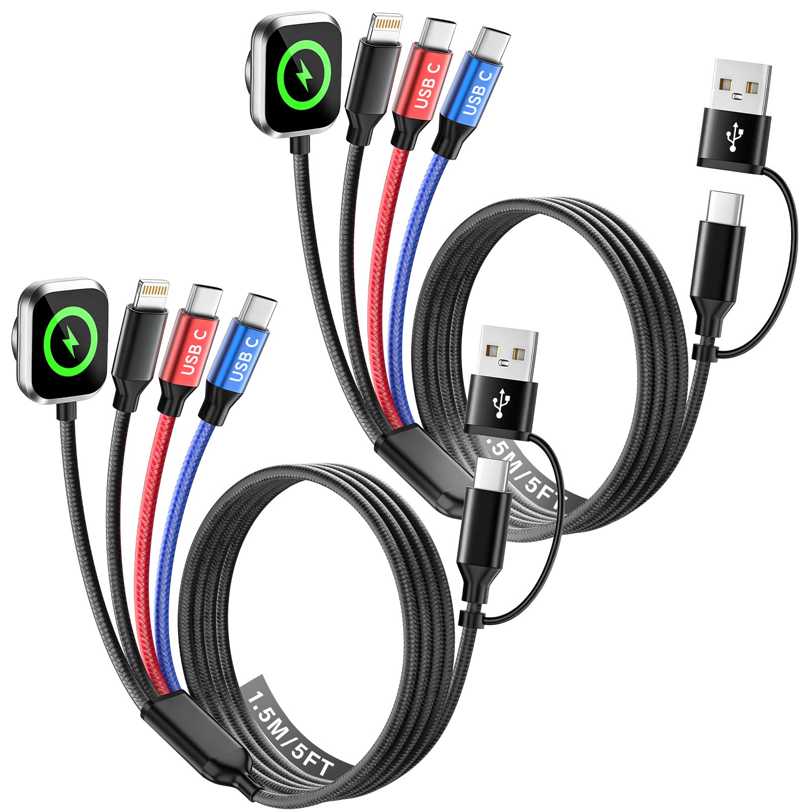 Cavo di ricarica da viaggio 4 in 2 per caricabatterie Apple iWatch, doppia porta di tipo C, cavo di ricarica USBA/USB-C, per tutti i dispositivi, compatibile con iWatch Ultra/SE/10-1, iPhone16 15 14