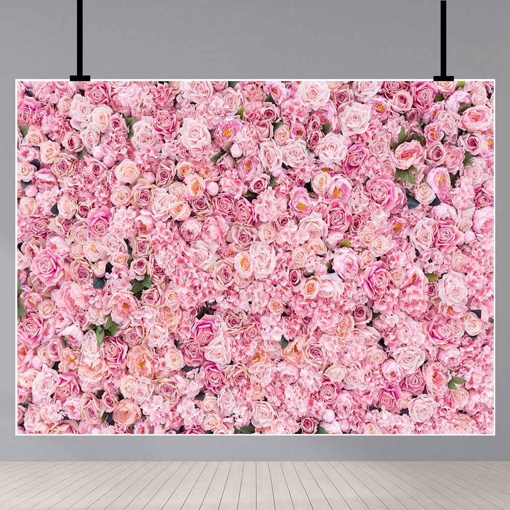 Floral Backdrop Pink Rose Flowers Wall Photo Background Romantic Wedding Anniversary Bridal Shower Party Backdrop Decoration Dessert Table Banner Photo Studio Props 7x5Ft