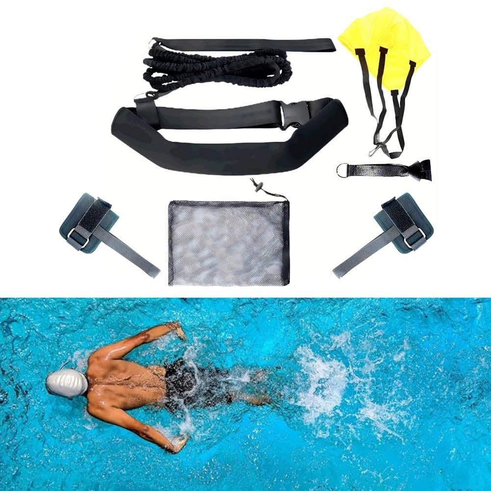 Cintura da allenamento per nuoto con paracadute e cinghie per caviglia, kit di imbracatura fissa per resistenza e rafforzamento in qualsiasi piscina, nero