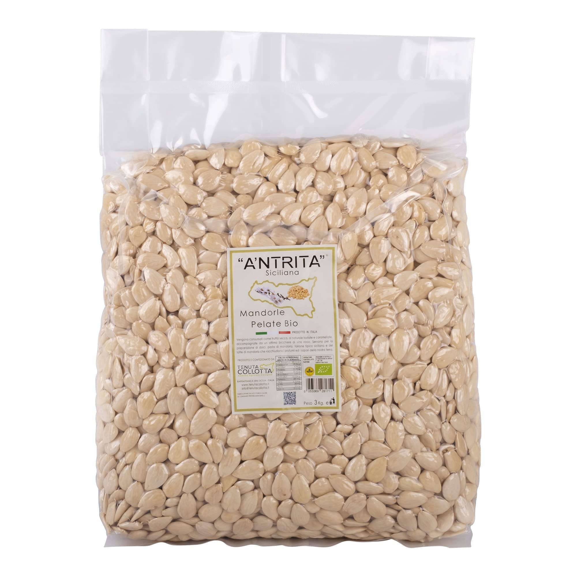 A'Ntrita® - Amandes Pelées Biologiques 3 Kg - 100% Italiennes - Produit en Sicile