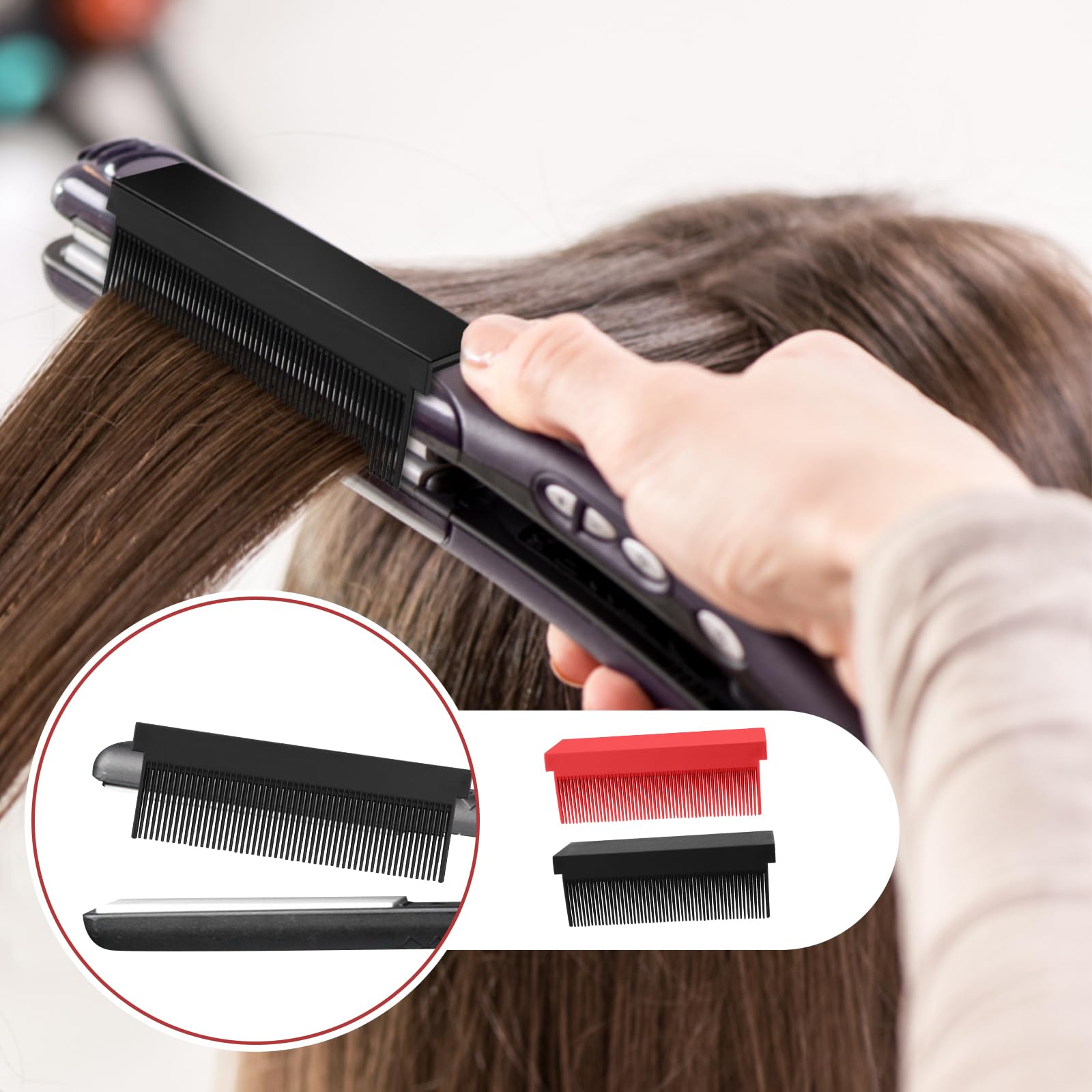 2 Piezas Accesorio Peine de Hierro Plano con Clip Resistente al Calor para Alisador de Cabello (Negro, Rojo)