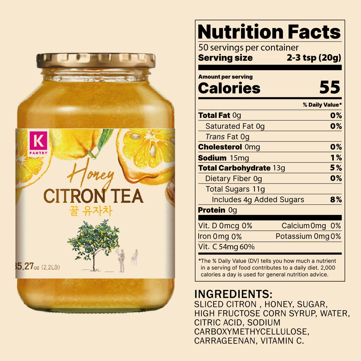 KPANTRY Korean Yuja Tea (Honey Citron) - Pure Yuzu Marmalade Concentrate with Real Citrus Slices & Honey, Caffeine-Free – Hot/Iced Tea, Spread & Smoothie Mix – 35.27 oz (1kg)