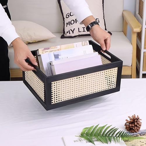 Miniatura 2 de Cesta de almacenamiento con marco de madera, caja organizadora decorativa con asa integrada, cajón de almacenamiento de madera de alambre natural