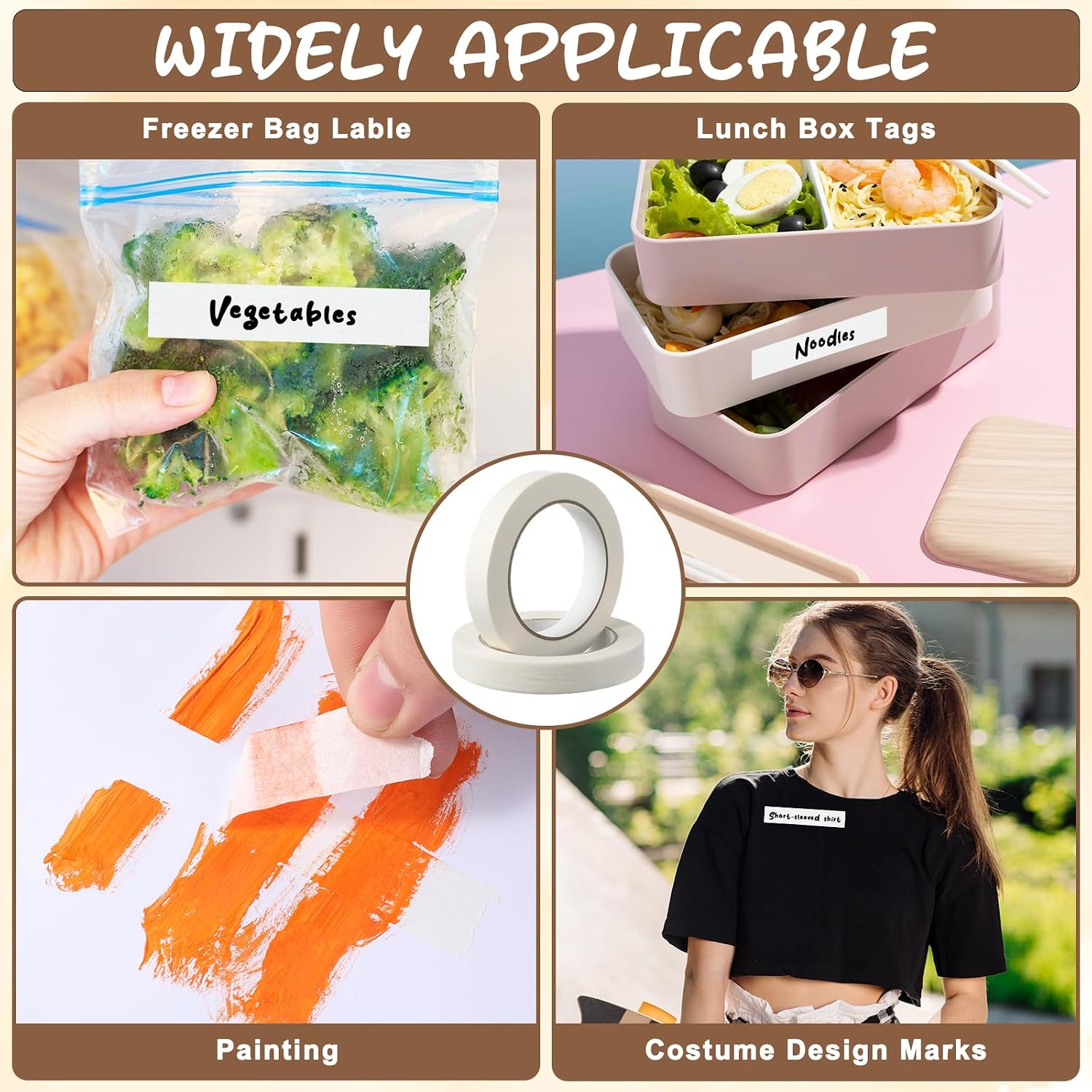 2 Rolls Writable Freezer Tape, 55 Yards Removable Refrigerator Labels, Easy Tear Masking Tape, Low Temperature Resistant Residue Free for Kitchen Food Containers Dispenser (White)