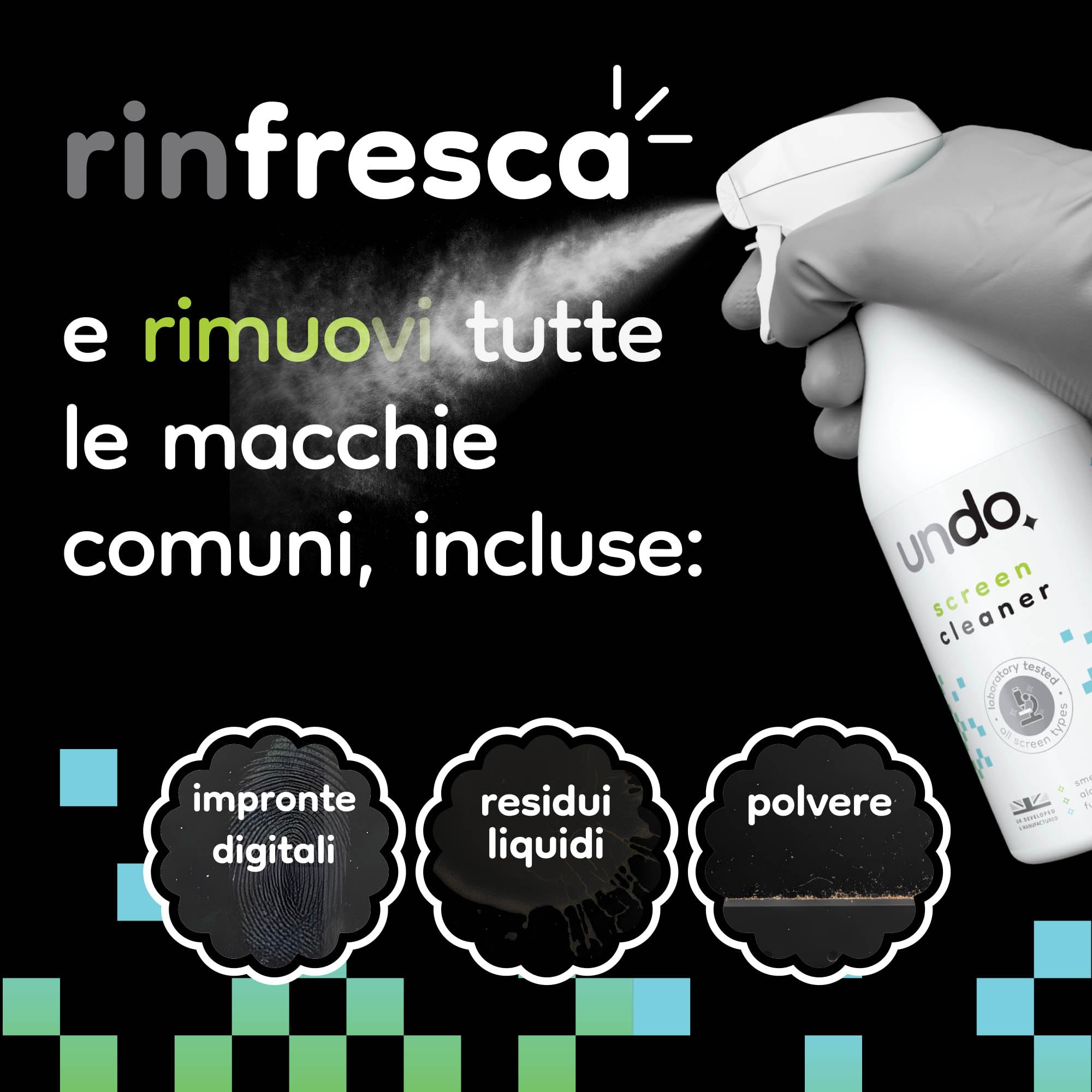 UNDO Spray per Schermi con Panno in Microfibra, 500ml, Kit Pulizia iPhone, iPad, Laptop, Touchscreen, TV LCD, LED, OLED, Monitor del Computer