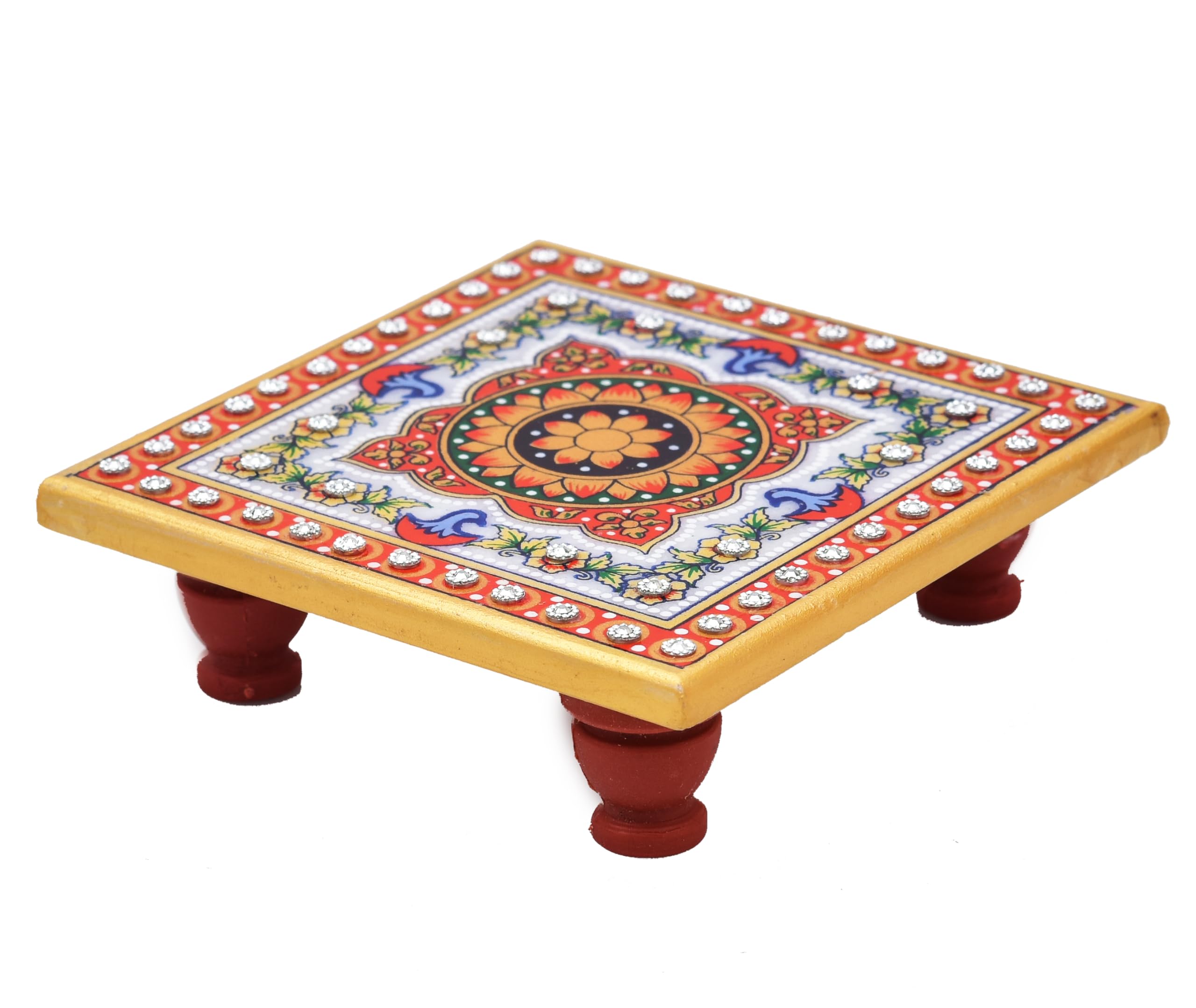 Designer Marble Pooja Chowki - Peacock & Flower Decor -3