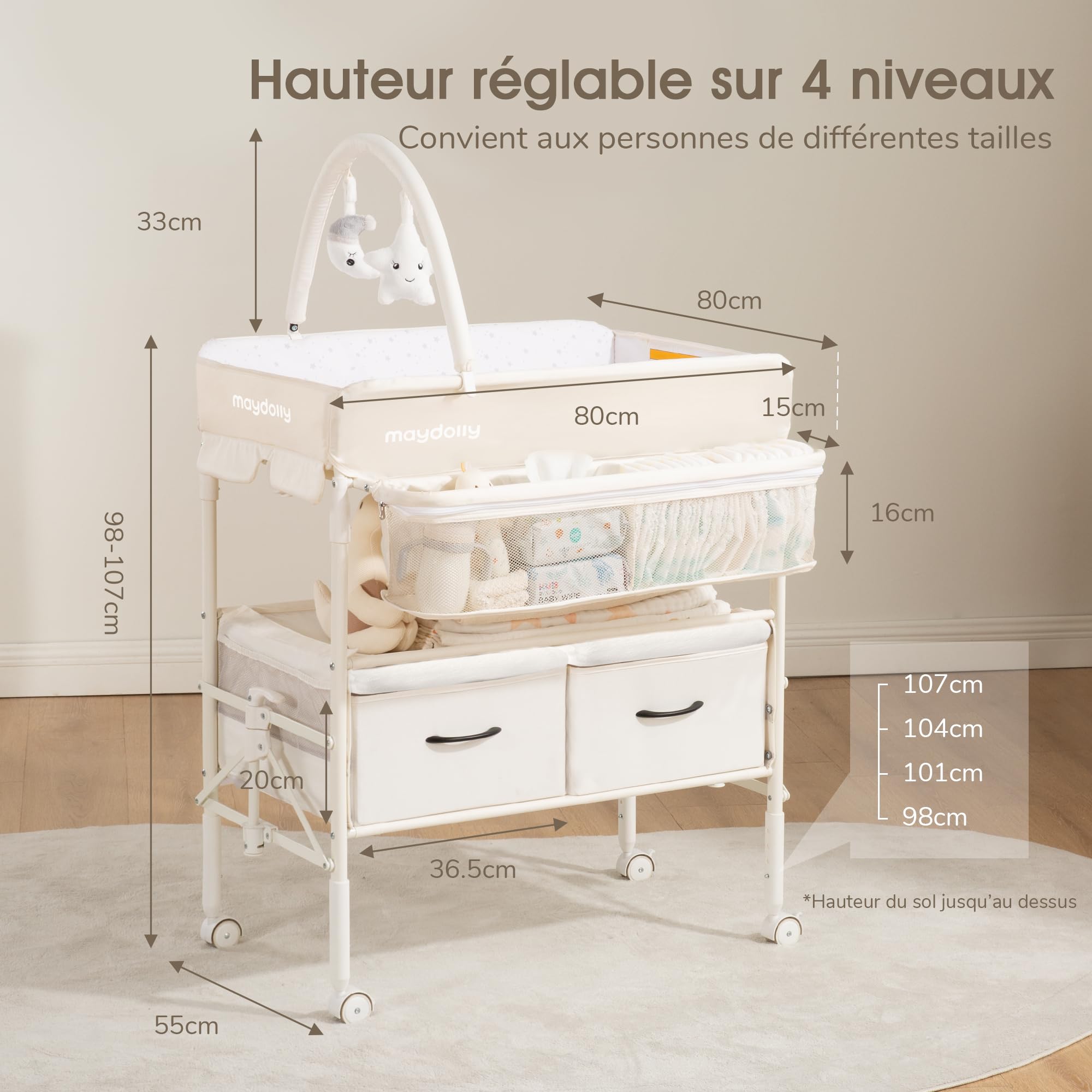 Maydolly Table à Langer Bébé Pliante avec Roulettes - Hauteur Réglable, Plan à Langer Mobile avec Matelas Imperméable & Grand Rangement, Structure Stable pour Nouveau-né, Beige