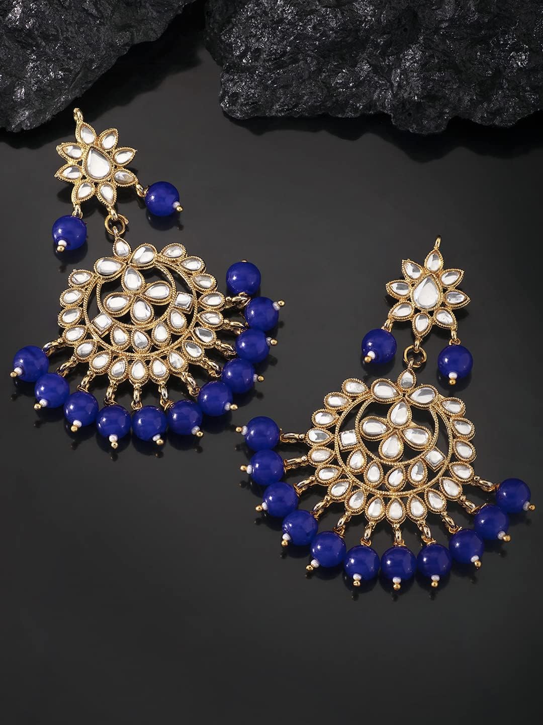 Aheli Indian Faux Kundan Dangle Earrings with Red Drop Beads Wedding Party Ethnic Fashion Jewelry Gift for Women Blue
