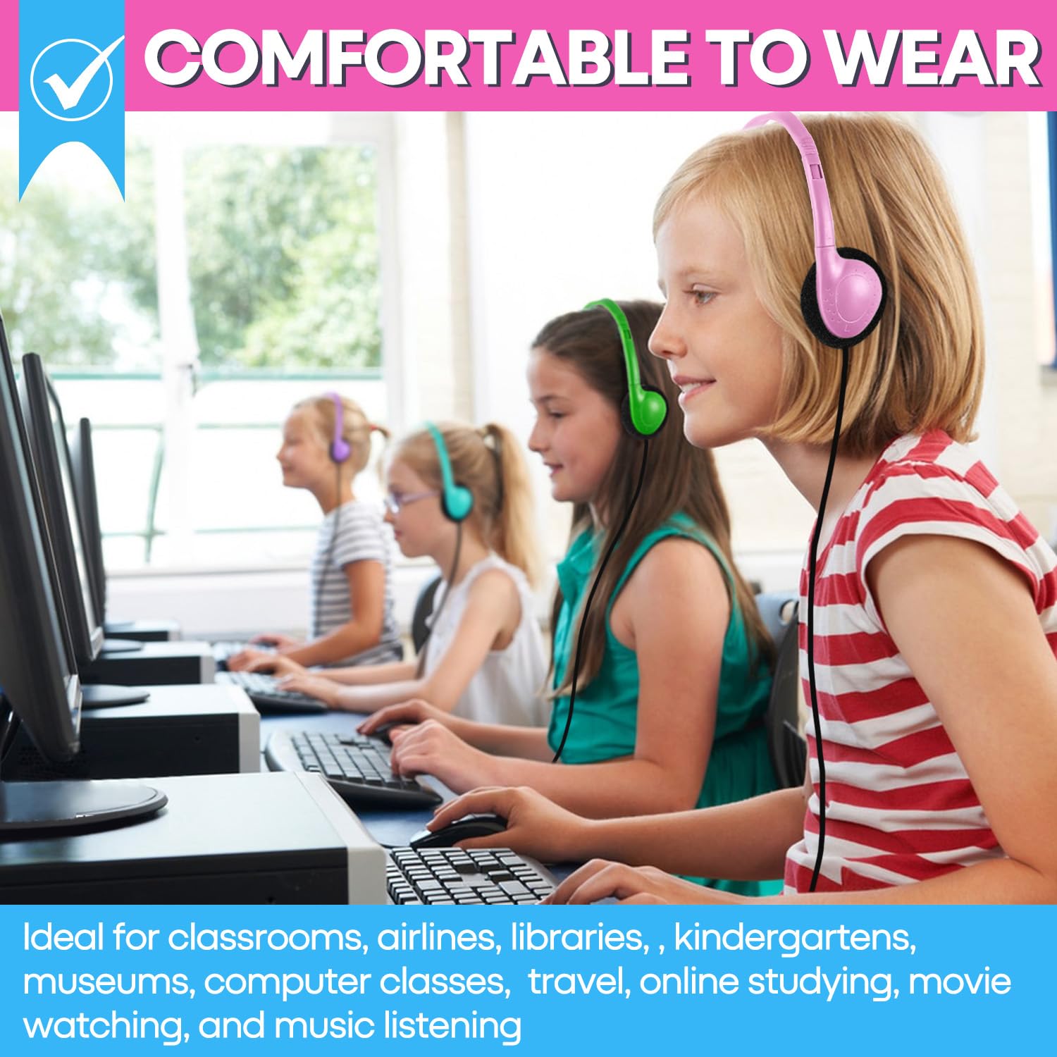 Lot de 50 écouteurs en vrac pour enfants, école, salle de classe, vente en gros - Écouteurs filaires réglables pour étudiants, enfants, tout-petits, adolescents, garçons, filles et adultes