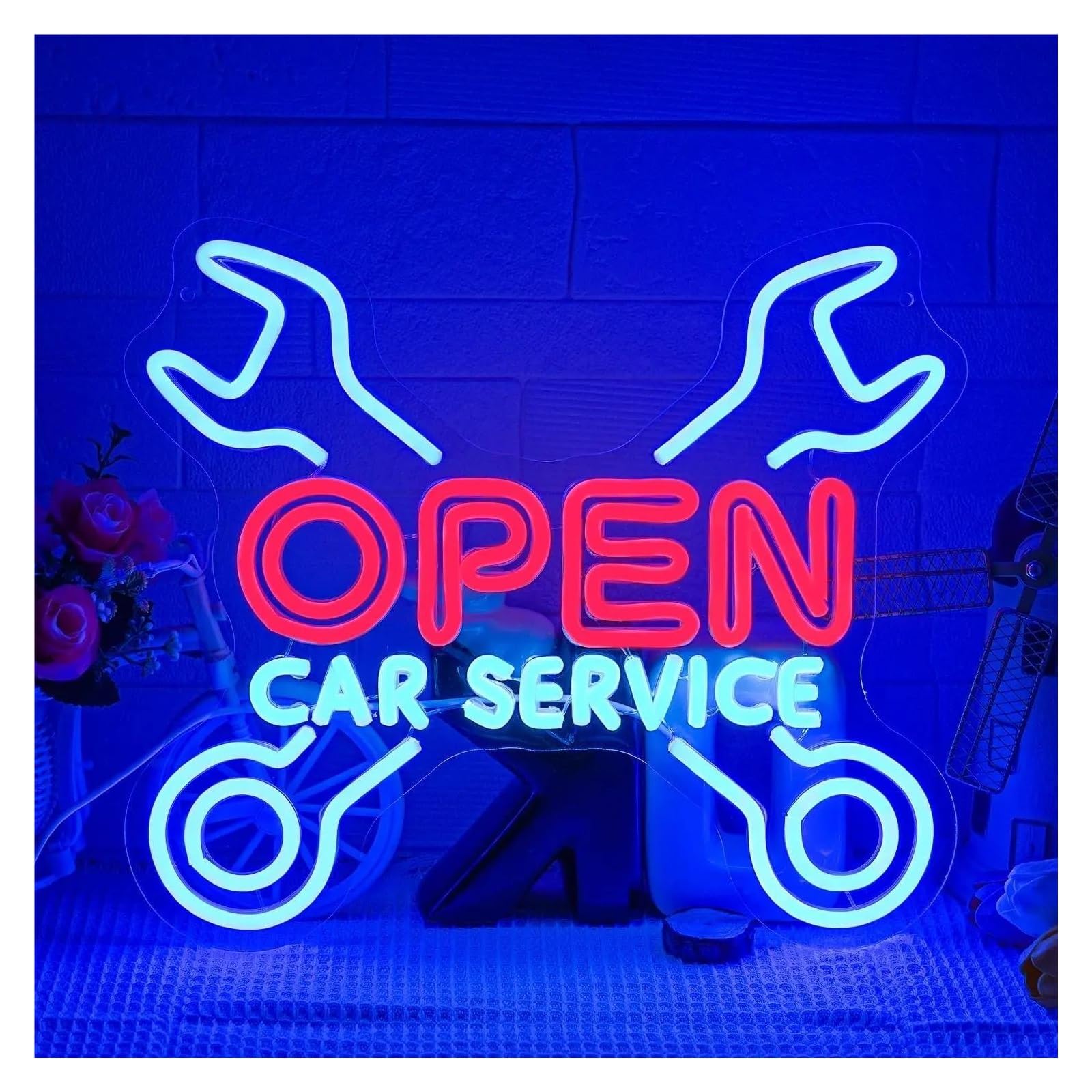 XENITE Luces Art Decoration Christmas Letrero De Neón Car Service Open Para Decoración De Pared De Garaje, Luz Regulable Por USB Para Taller De Reparación De Coches, 36.7х32cm
