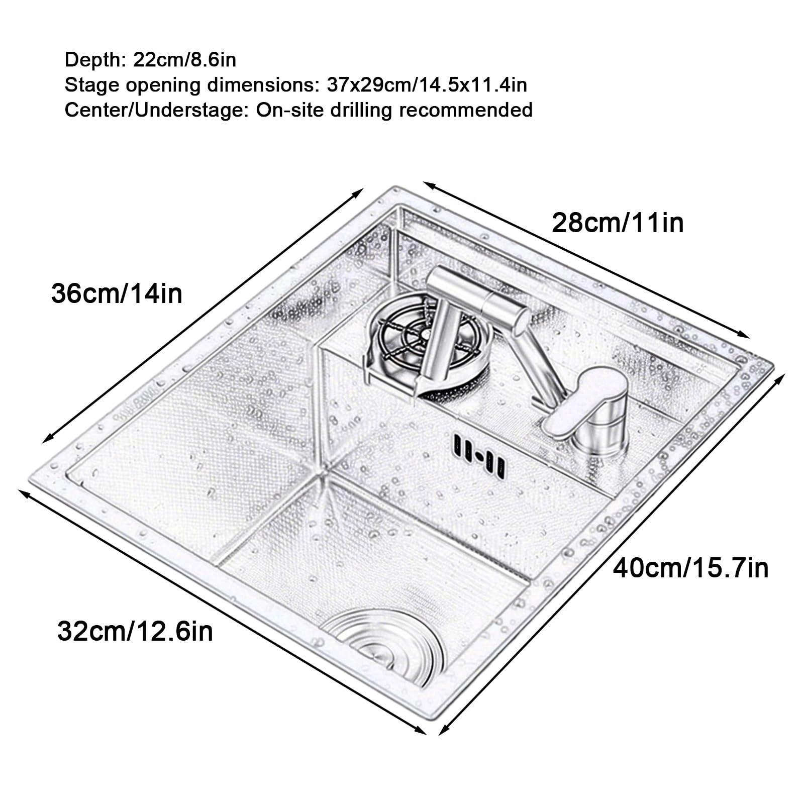 Fregadero Camper, Fregadero Cocina 1 Seno con Grifo, Lavavasos, Tapa de Desagüe, Acero Inoxidable 304, para Caravana, Autocaravana o Bar de Barco(Silver,40x32cm/15.7x12.6in)