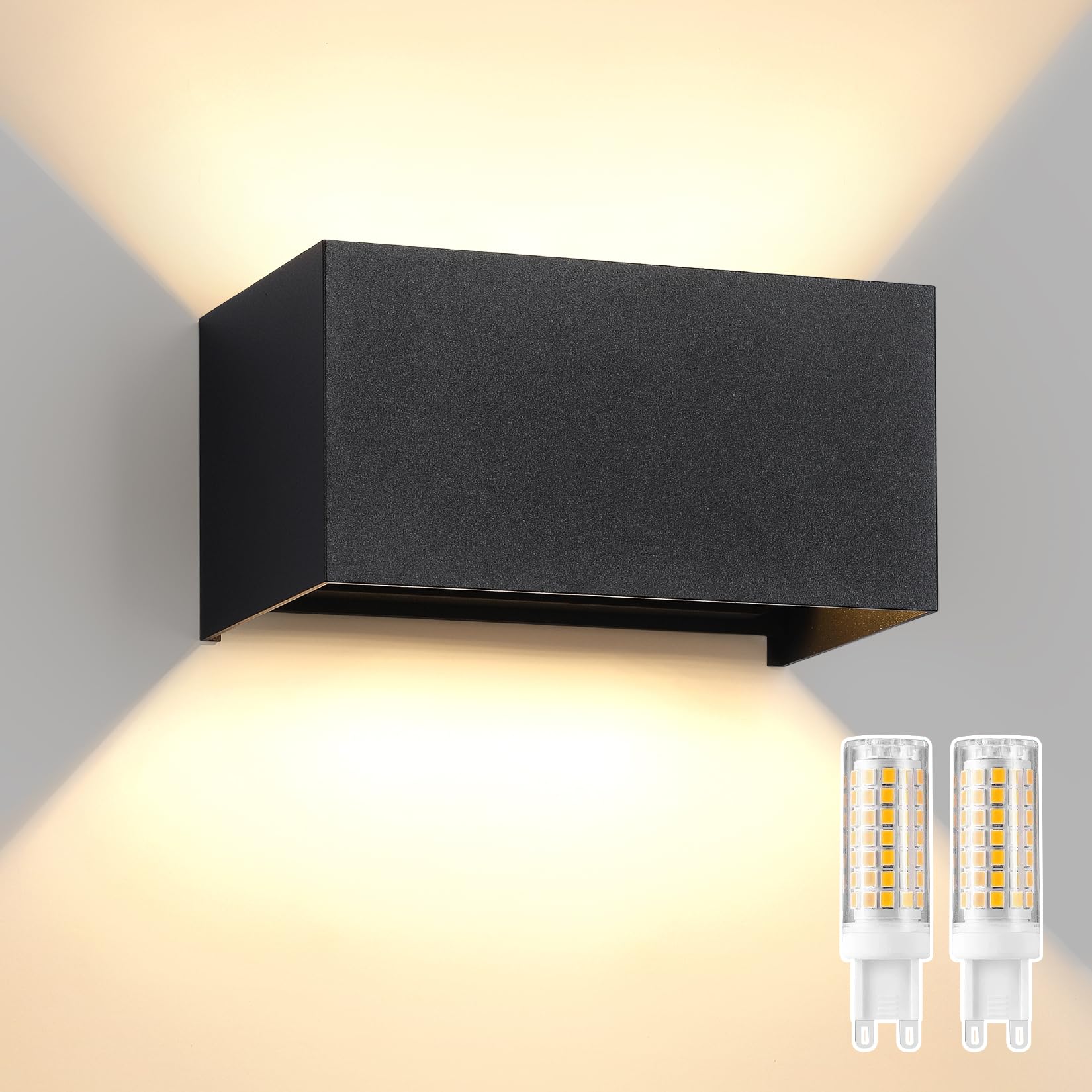 Lampada da Parete Esterno/Interno con Lampadina G9 Sostituibile IP65 impermeabile Applique da Parete Esterne Alluminio Angolo del Fascio Regolabile Retangolo Nero, 3000K Luce Caldo