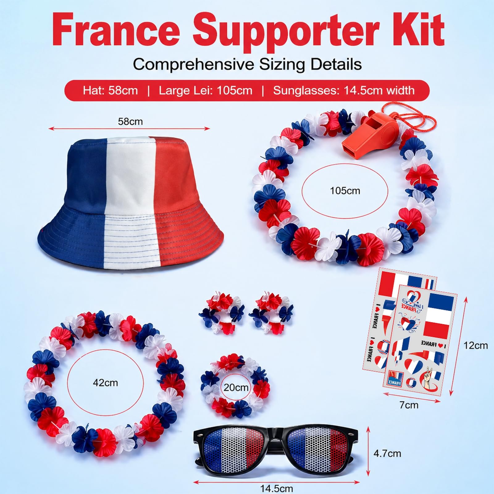 Ensemble Accessoires de Supporters France 11 Pièces avec Chapeau de Pêcheur