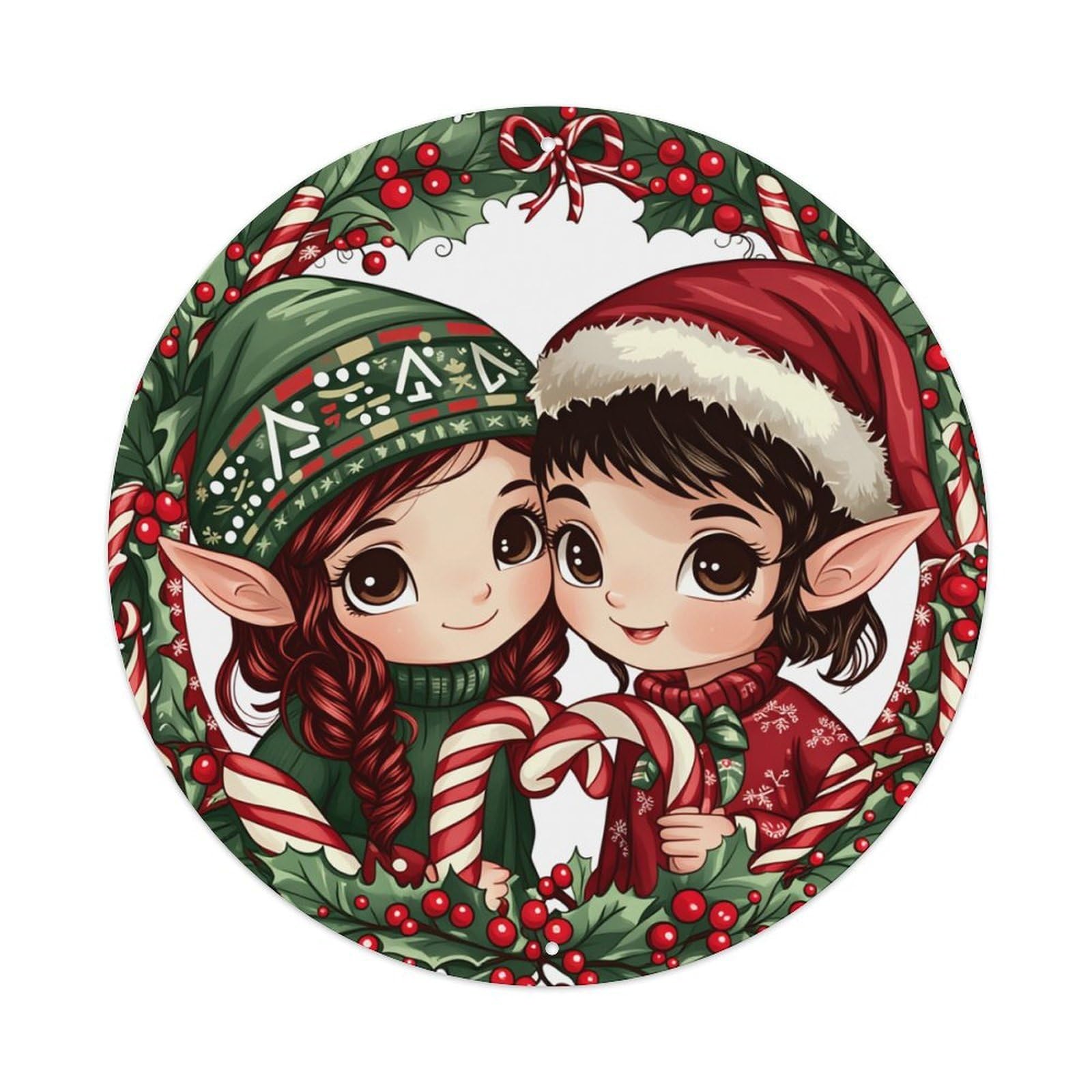Christmas Elves Candy Canes Wreath Round Tin Sign Retro Metal Sign for Cafe Bar Pub Home Game Room Gym Club Wall Decoration Vintage Metal Poster 8x8 Inch