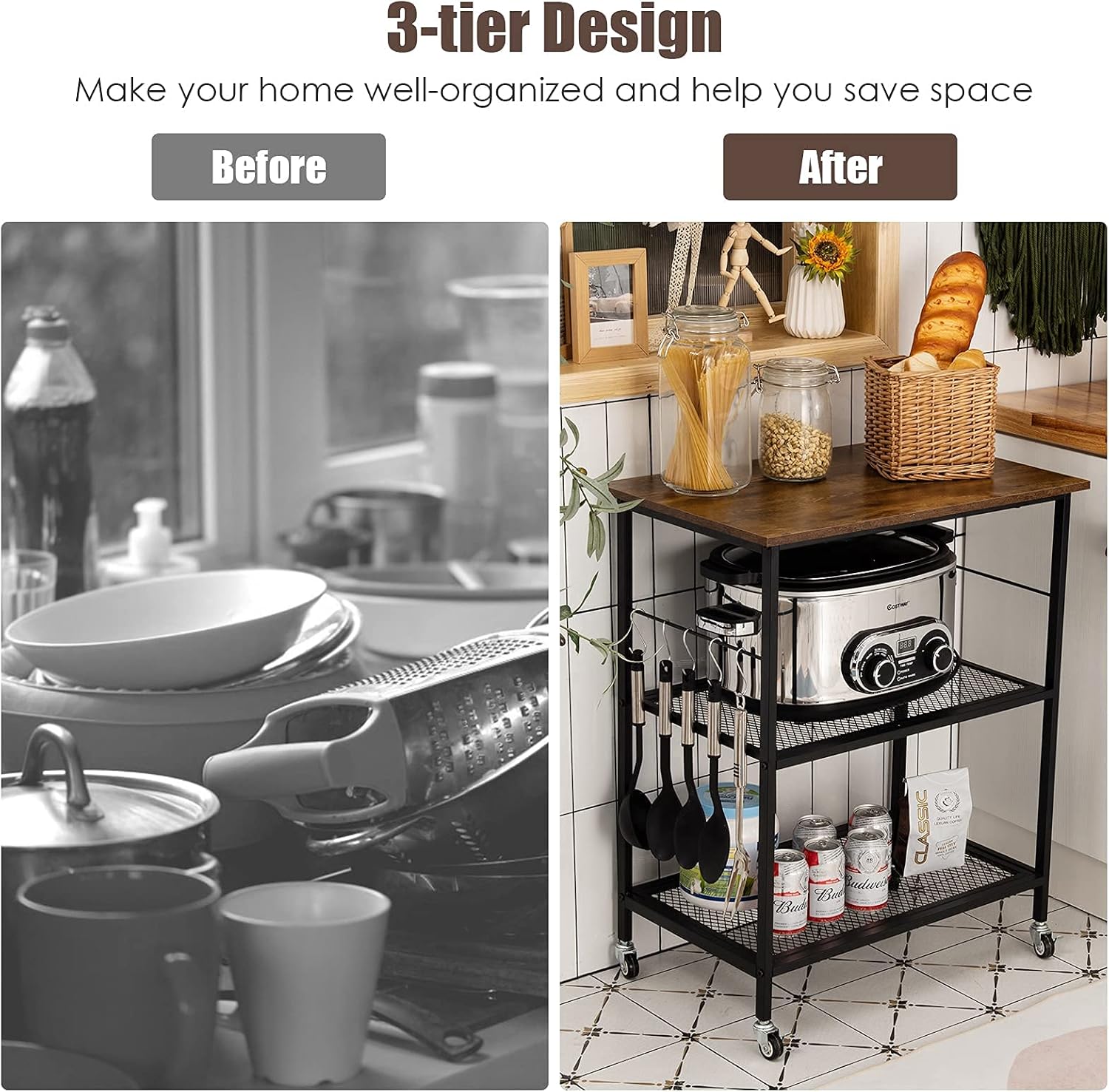 Giantex 3 Tier Kitchen Bakers Rack, Rolling Microwave Cart, Industrial Bar Service Cart, Kitchen Cart on Lockable Universal Wheels, 5 Hooks, Easy Assembly Vintage Brown