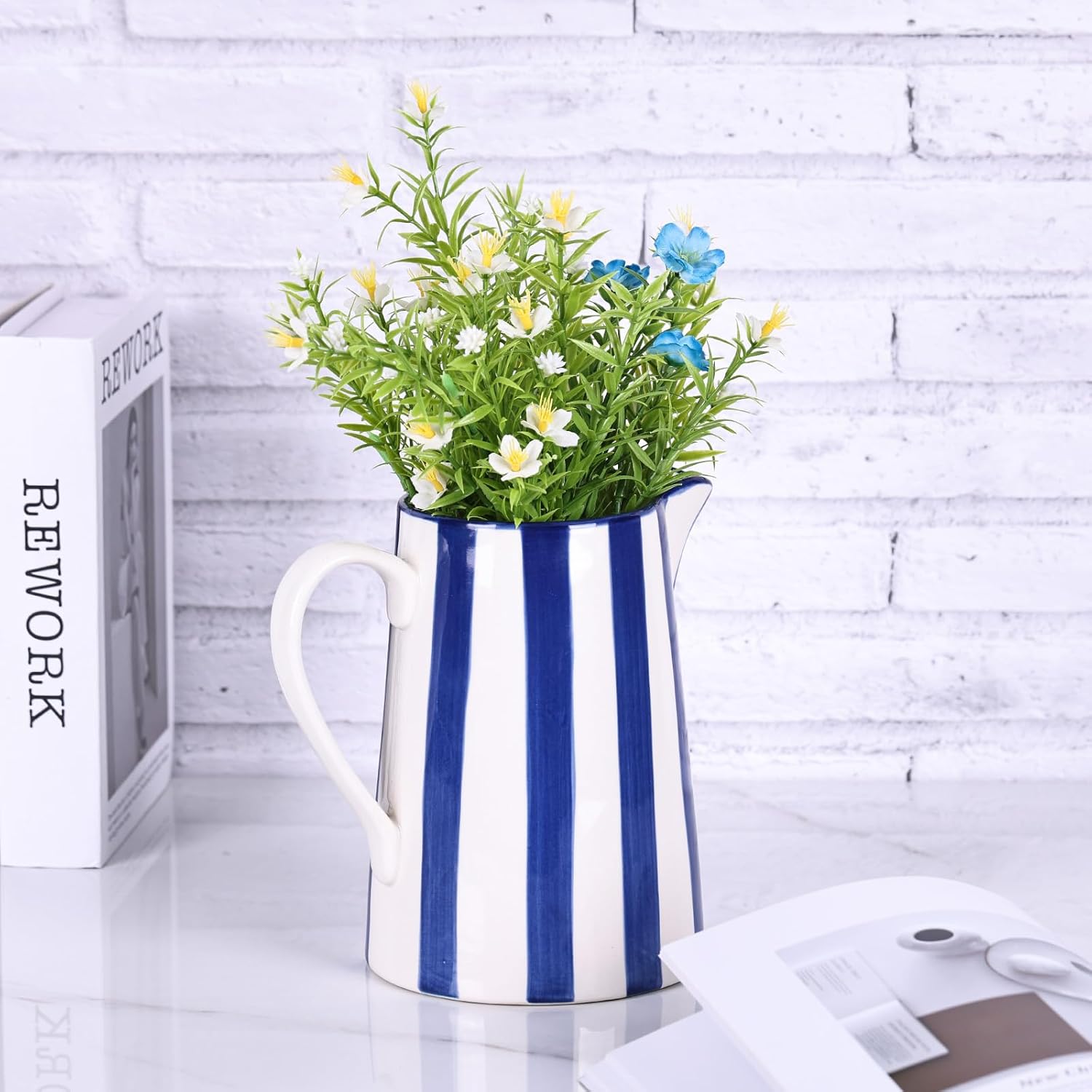 Ceramic Blue and White Pitcher Vase with Handle, Hand Painted Farmhouse Boho Pottery Jug for Decor Table Centerpiece, Kitchen, Home Desktop Decor Vase (Stripes)