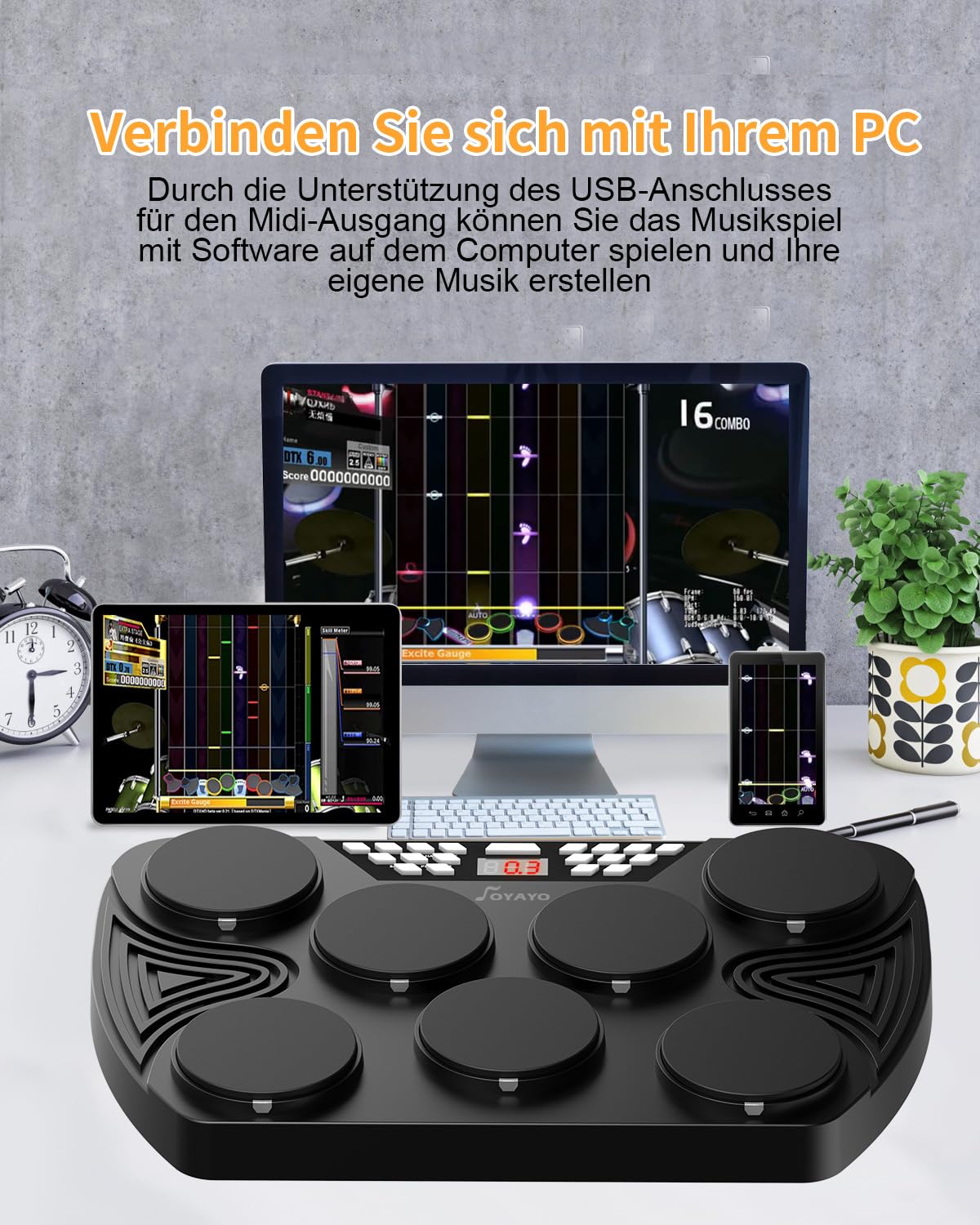 Schlagzeug Elektronisch, 7 Pads Elektronisches Schlagzeug Anschlagsdynamisch, E Drum Unterstützung MIDI Bluetooth PC Anschließen, Digital Drum für Kinder, Anfänger Geburtstag Geschenk