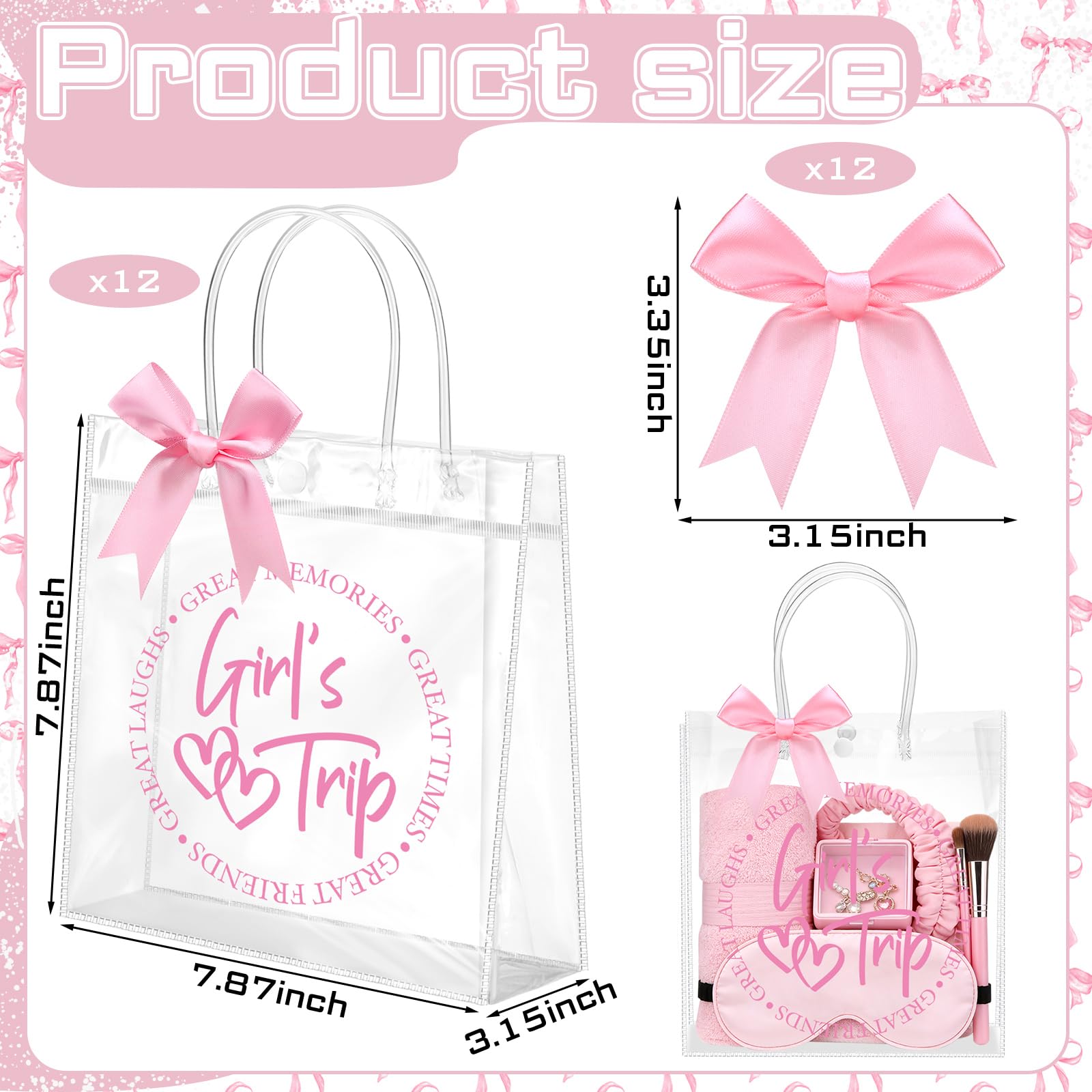 Vicenpal 12 Sets Clear Girls Trip Gift Bags with Handles 12 Pcs Pink Bows PVC Plastic Spa Party Treat Goodie Snack Bags for Birthday Slumber Bachelorette Weekend Party Favors, 7.9 x 7.9 x 3.1''