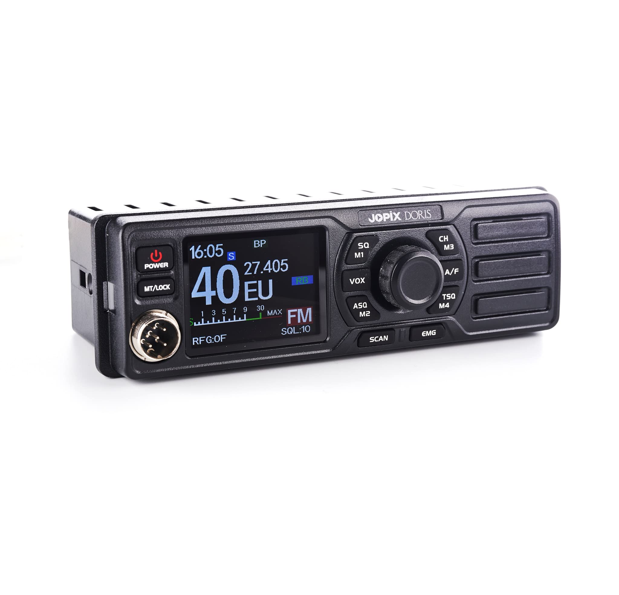 Jopix Doris Émetteur-Récepteur CB 27 MHz Multinorme AM/FM – Haut-Parleur Frontal, Écran Couleur, 12V/24V, Format Ultra-Compact (6cm Profondeur), Mains Libres VOX