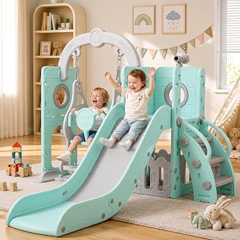 Swing Slide 5-in-1 Children's Slide with Swing Climbing Frame Telescope Storage Indoor and Outdoor Freestanding Slide Playground for Toddlers for Max 60 kg from 1-6 Years 2 Pieces Modules