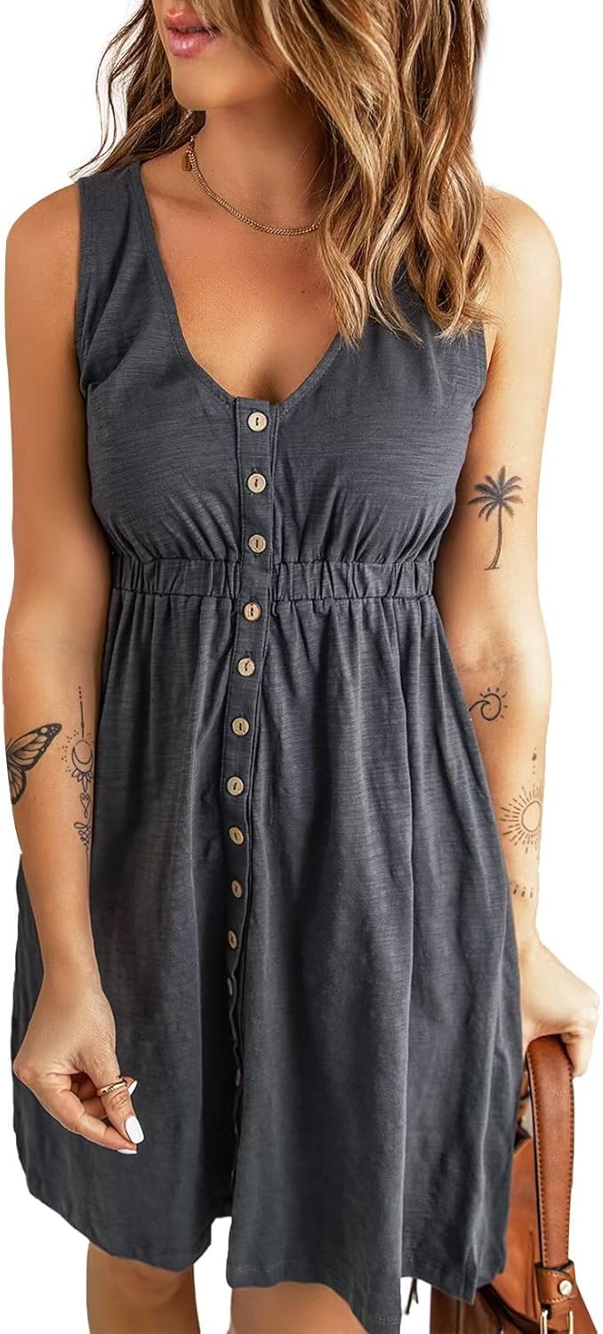 Womens summer swing dress with sleeveless button detail and elastic.
