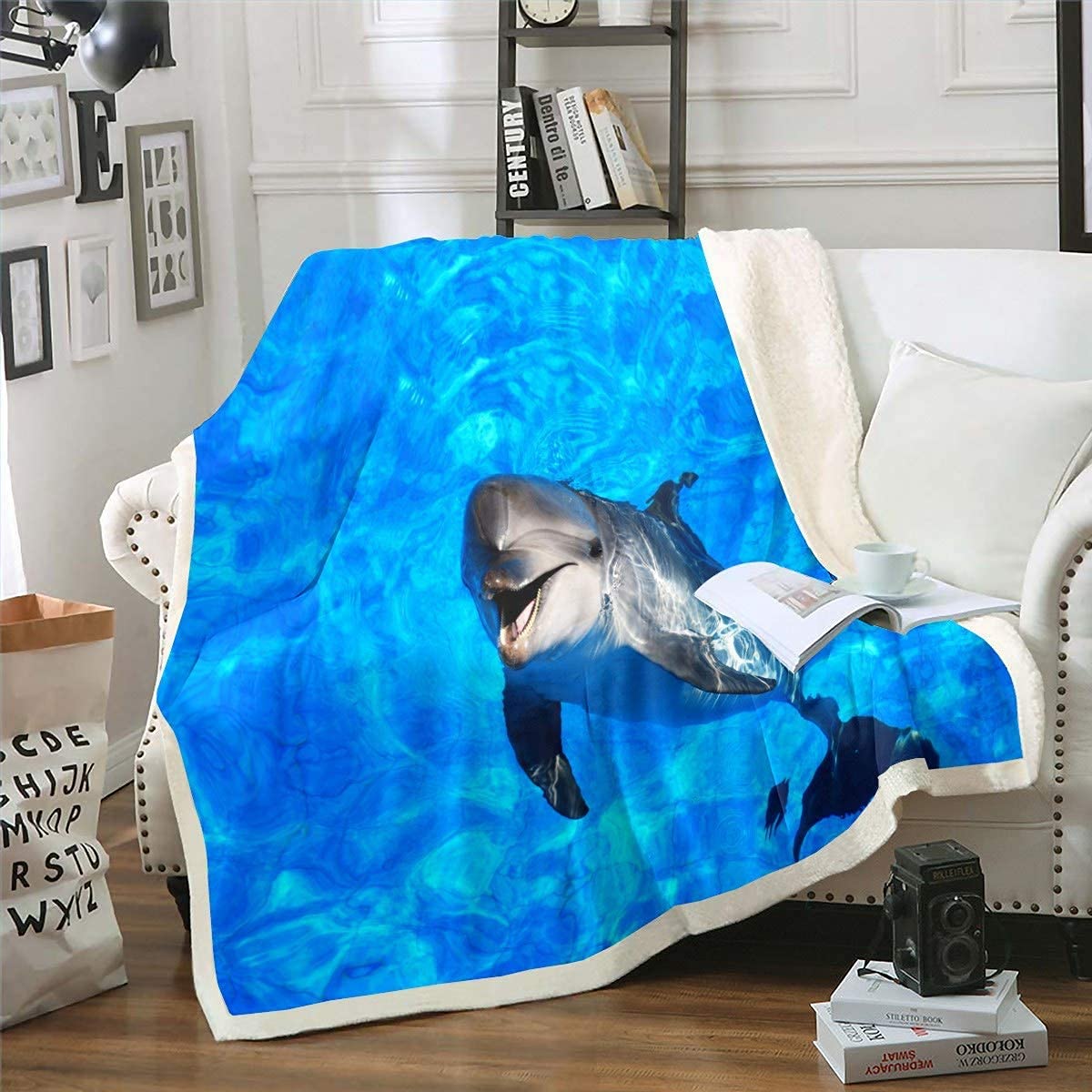 Homemissing Niedlich Delfin Decke 150x200cm Ozean Marine Thema Flanell Fleecedecke Meer Kreaturs Kuscheldecke für Schlafsofa CouchStuhl Schöne Hawaiian Leben im Meer Wohndecke Komfort