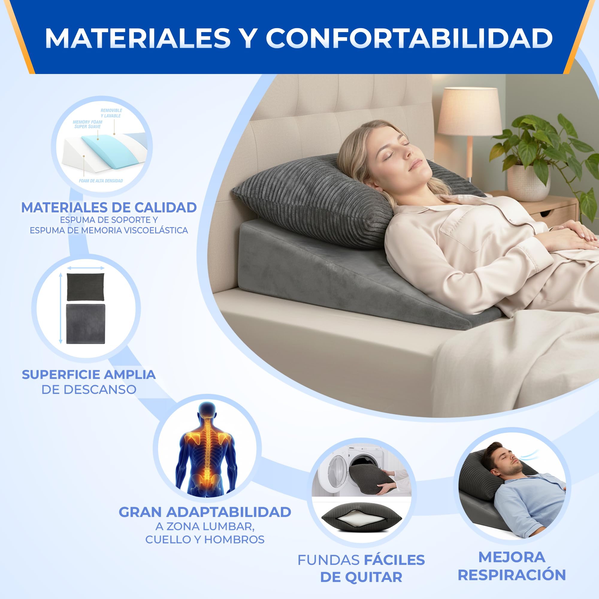 NEROKU® Cuña Antireflujo Adulto y Cojín Lectura Cama - Respaldo Cama | Almohada Cuña que Mejora Circulación y Descanso - Almohada de Lectura y Almohada Antironquidos - Cojines Cama Cojines Sofa