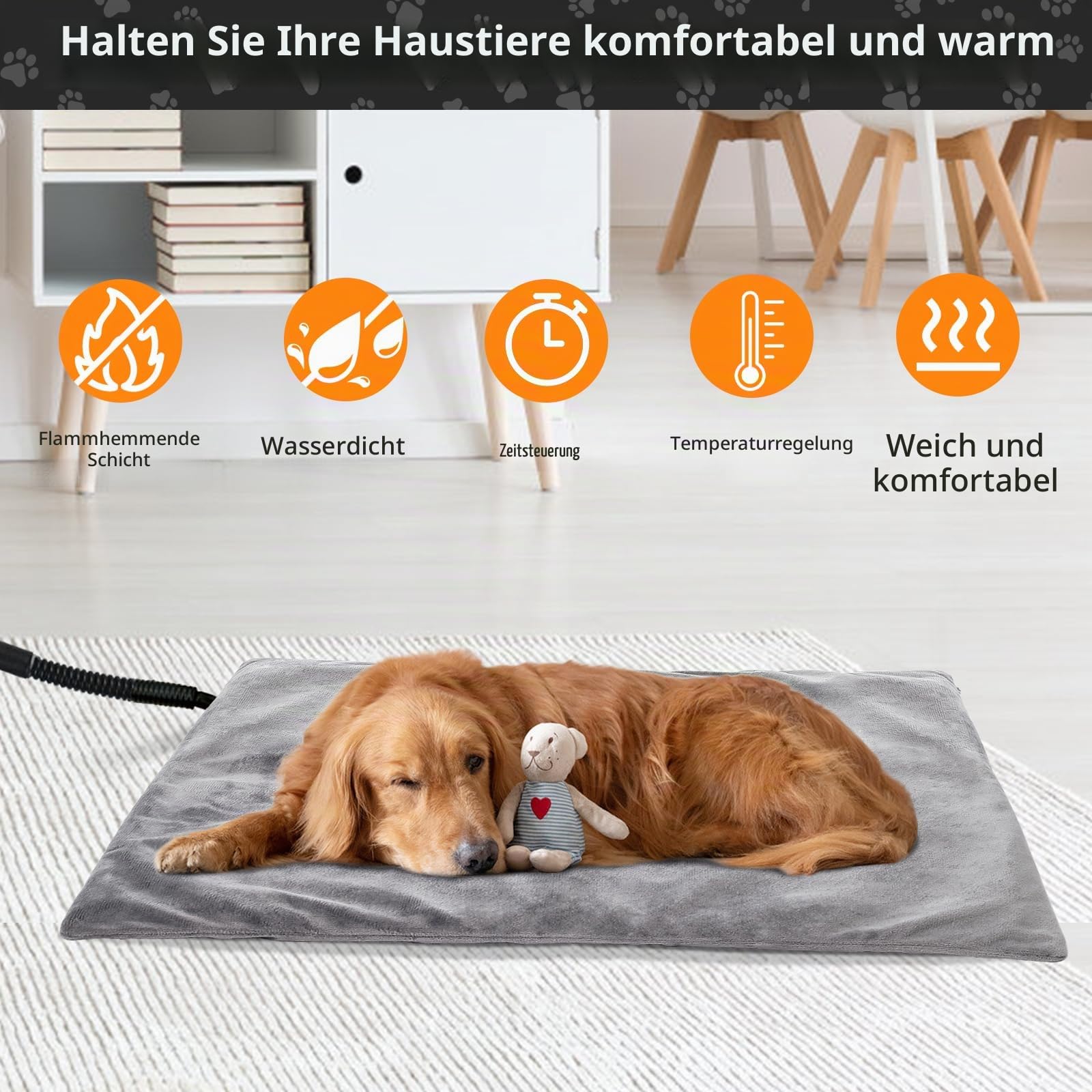 Haustier Heizkissen für Katzen Hunde, 40 * 70cm, 5 einstellbare Timer und 6 einstellbare Temperaturen, Haustier-Heizmatte, wasserdicht, ideal für Welpen/Hunde/Katzen/Kaninchen