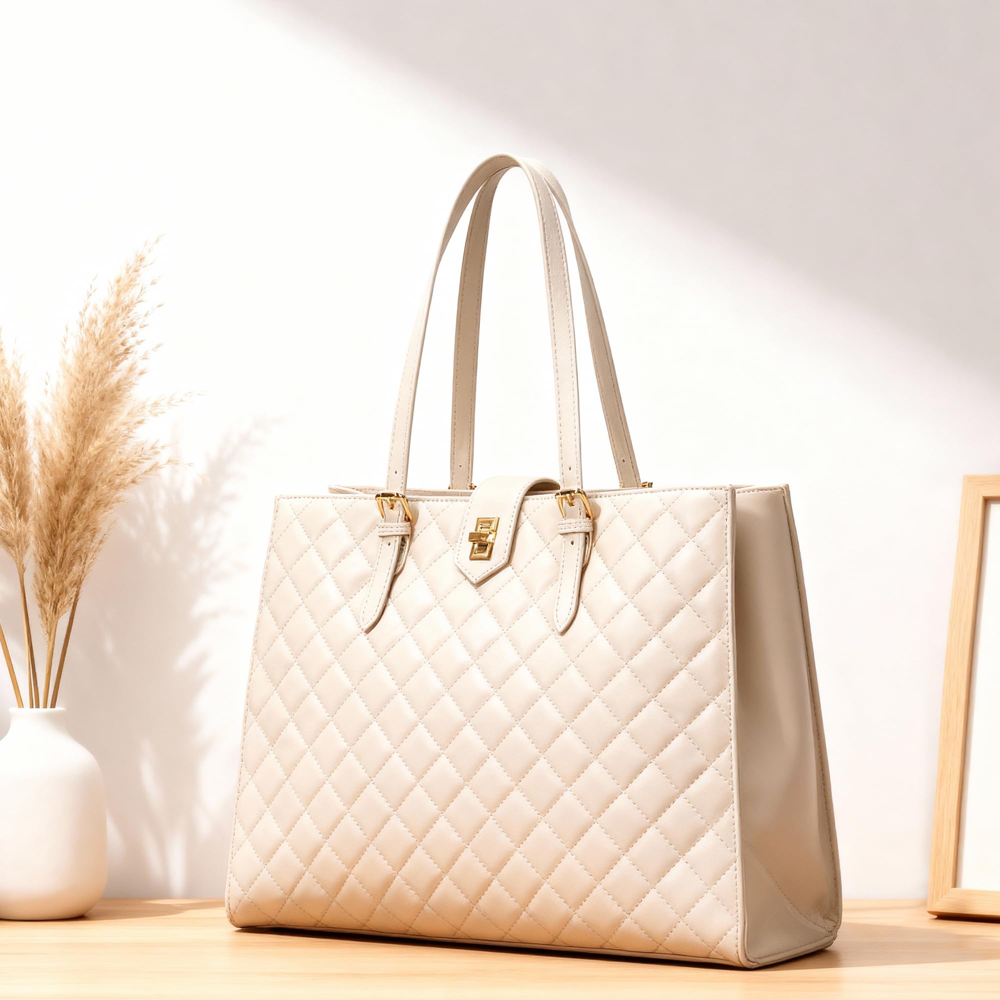 BAGOK Quilted Laptoptasche Damen aus PU Leder, Arbeitstasche Shopper Tote, Lehrertasche Nurse Bag, große Kapazität, passend für Laptops bis zu 14 Zoll, für Büro, Uni und Alltag