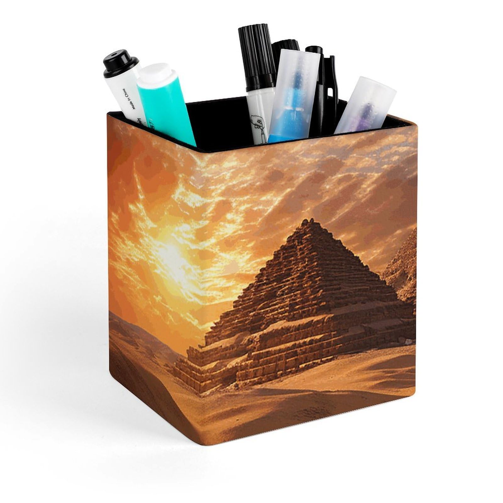 FekiLoot Egyptian Pyramids Pencil Holder Square Leather Pen Holder Cup Modern Multi-Functional Pencil Cup Holder Decorative Desk Organizer Caddy Makeup Brush Holders for Desk Office