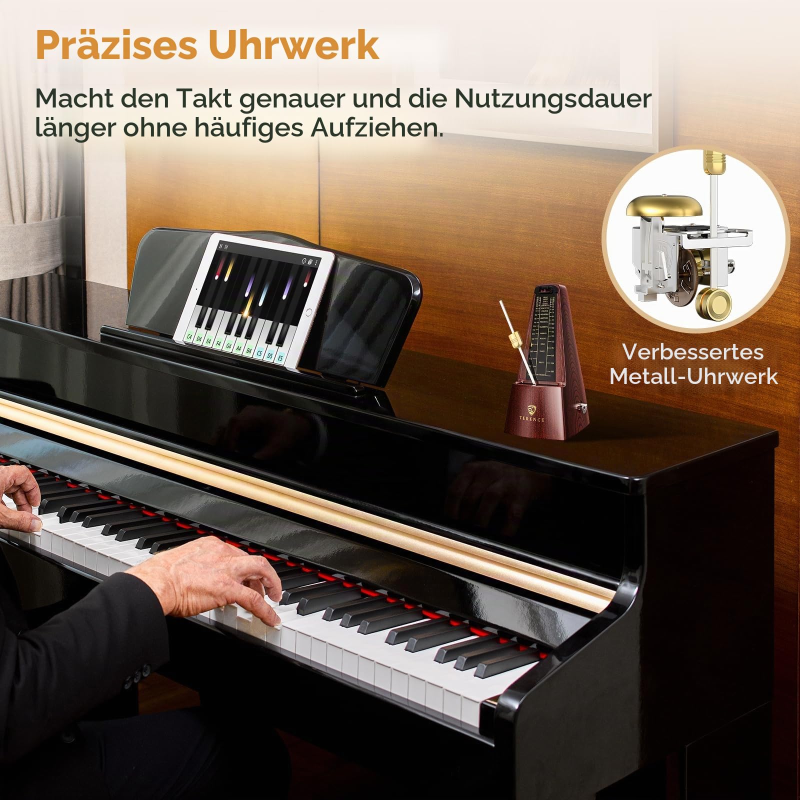 TERENCE Mechanisches Metronom, hochpräzise, laut, Walnuss | Für Klavier, Gitarre, Violine, Bass, Keyboard u.v.m. Anfänger bis Profis, auch Kinder. Zum Üben