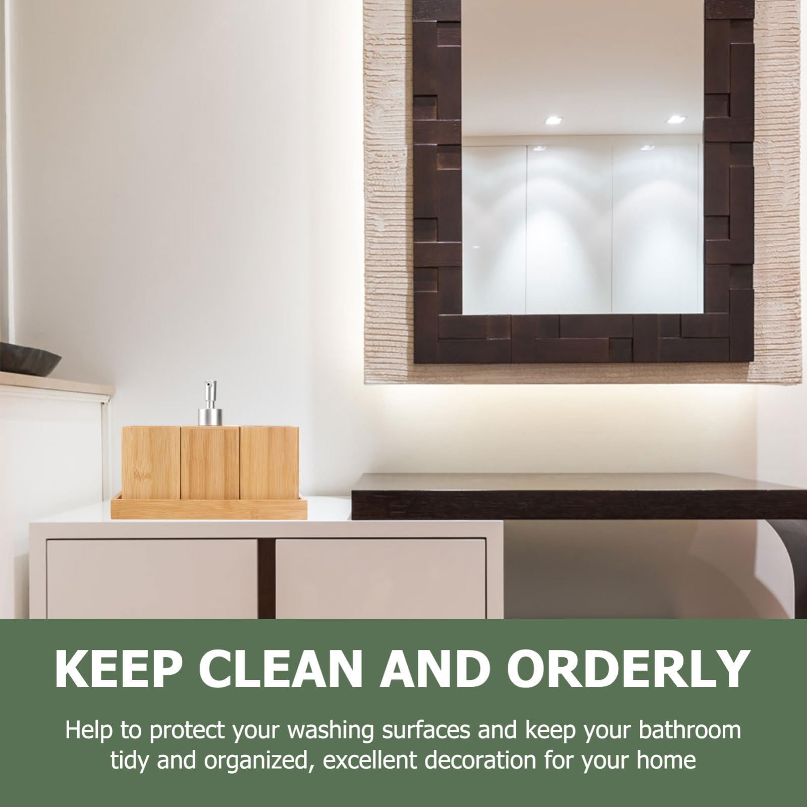 Set Accessori Bagno in Bamboo e Legno, 4 Pezzi Marrone | Ceramica e Argento, Organizzatore per Lavabo, Look Elegante per Casa e Bagno Ospiti