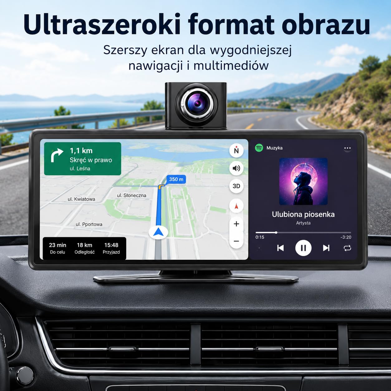 10,26" Przenośny Ekran Samochodowy z Bezprzewodową Obsługą CarPlay i Android Auto, Ekran Dotykowy do Samochodu z Kamerą do 4K i Kamerą Cofania 1080P, Bluetooth/FM/AUX, Mirror Link
