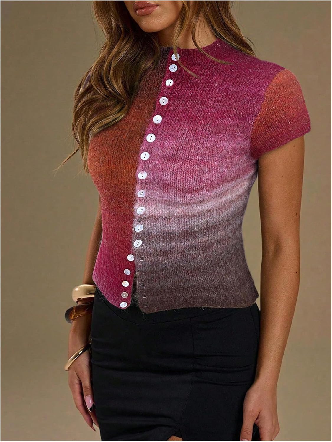 SOLY HUX Women's Fall Knit Tops Button Down Mock Neck Short Sleeve Tie Dye Knitted Cardigan Sweater