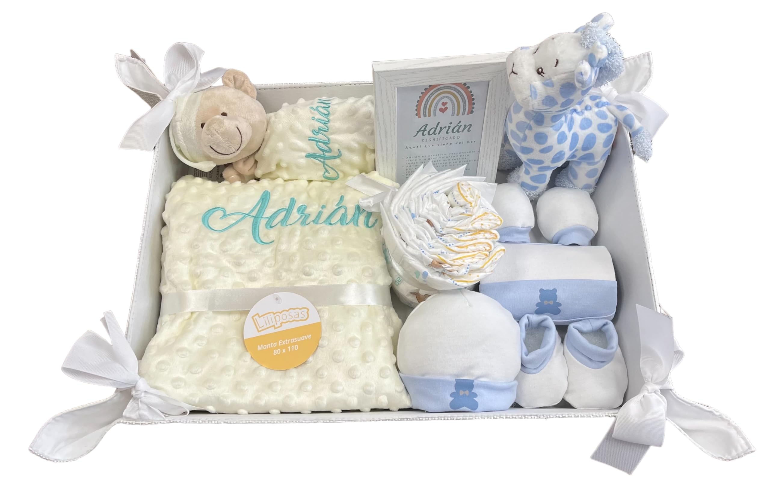 Danielstore Velvet Cesta para Regalo Recién Nacido, Canastilla Bebé Personalizada, Manta y Dou Dou Osito Bordada, Incluye Set de Primera Puesta y Pastel de Pañales (Deluxe 2 Beige)