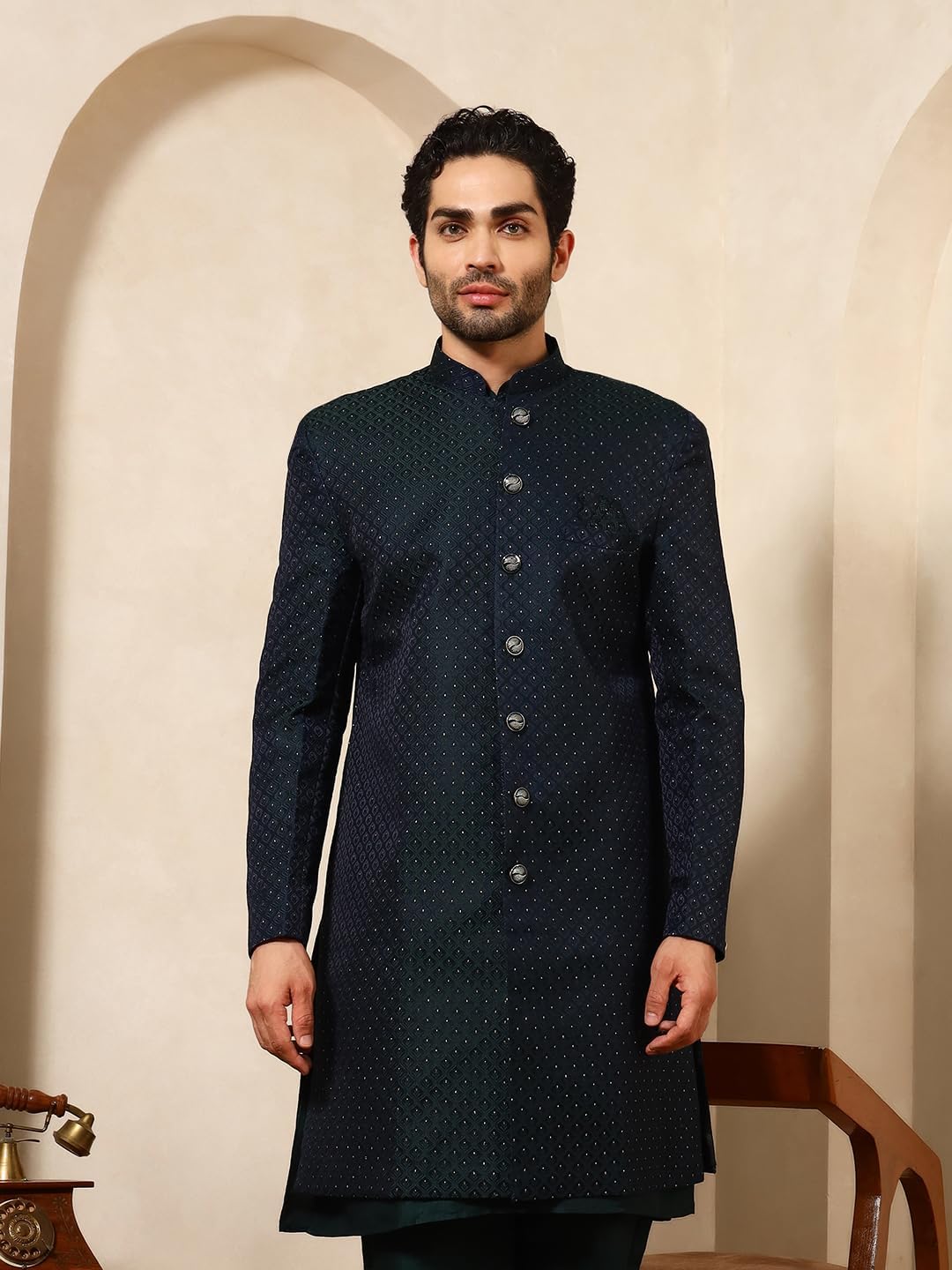 Pro-Ethic Style Developer Cotton Indo-Western Set with Embroidered Long Jacket for Men (C-129)
