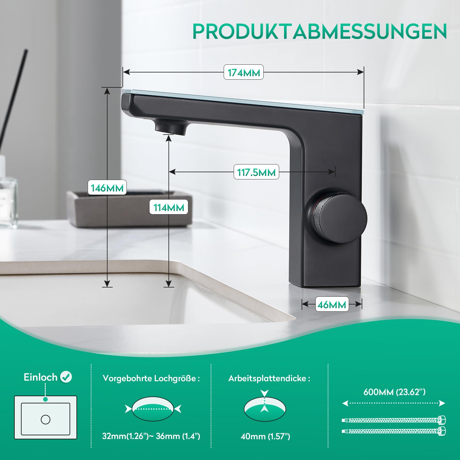 CREA Infrarot Sensor Wasserhahn Bad, mit Temperaturanzeige, Schwarz | Digitalanzeige Bildschirm Warmes Kaltwasser Mischbatterie, Automatisch Sensor Armatur für Waschbecken,304 Edelstahl