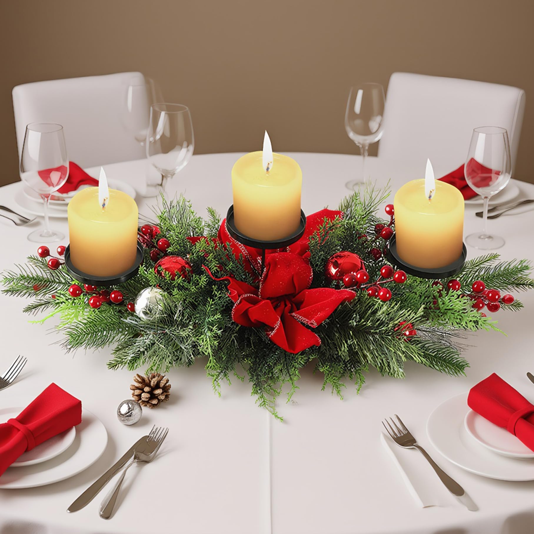 Portacandele natalizio con 3 vassoi Centrotavola natalizio con fiocco, palline, bacche e aghi di pino per decorazioni natalizie per la tavola delle feste