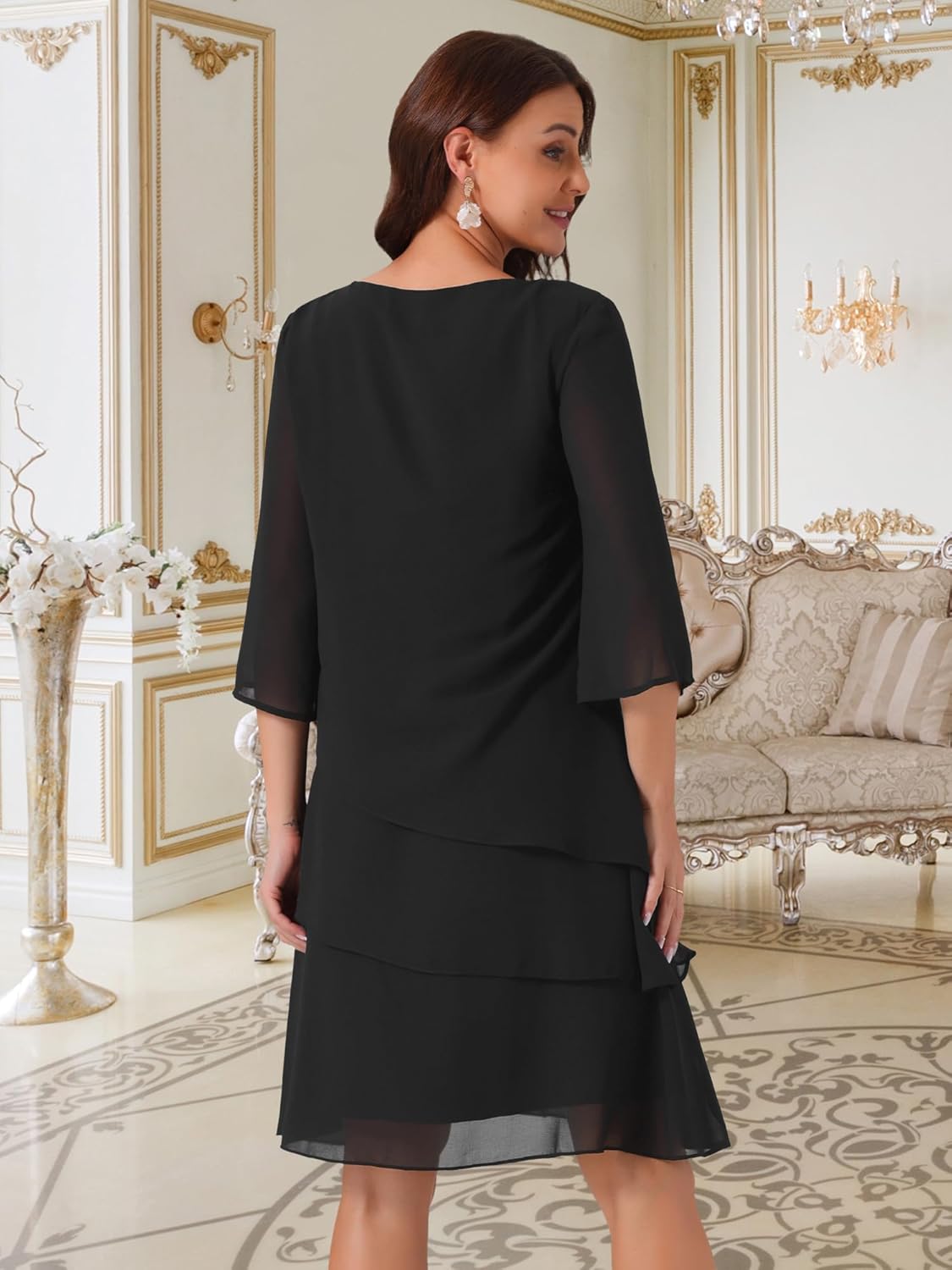 Seta T Women's Chiffon Dresses 3/4 Bell Sleeve Crewneck Tiered Layered Flowy Dress Party Wedding Outfits - Image 6