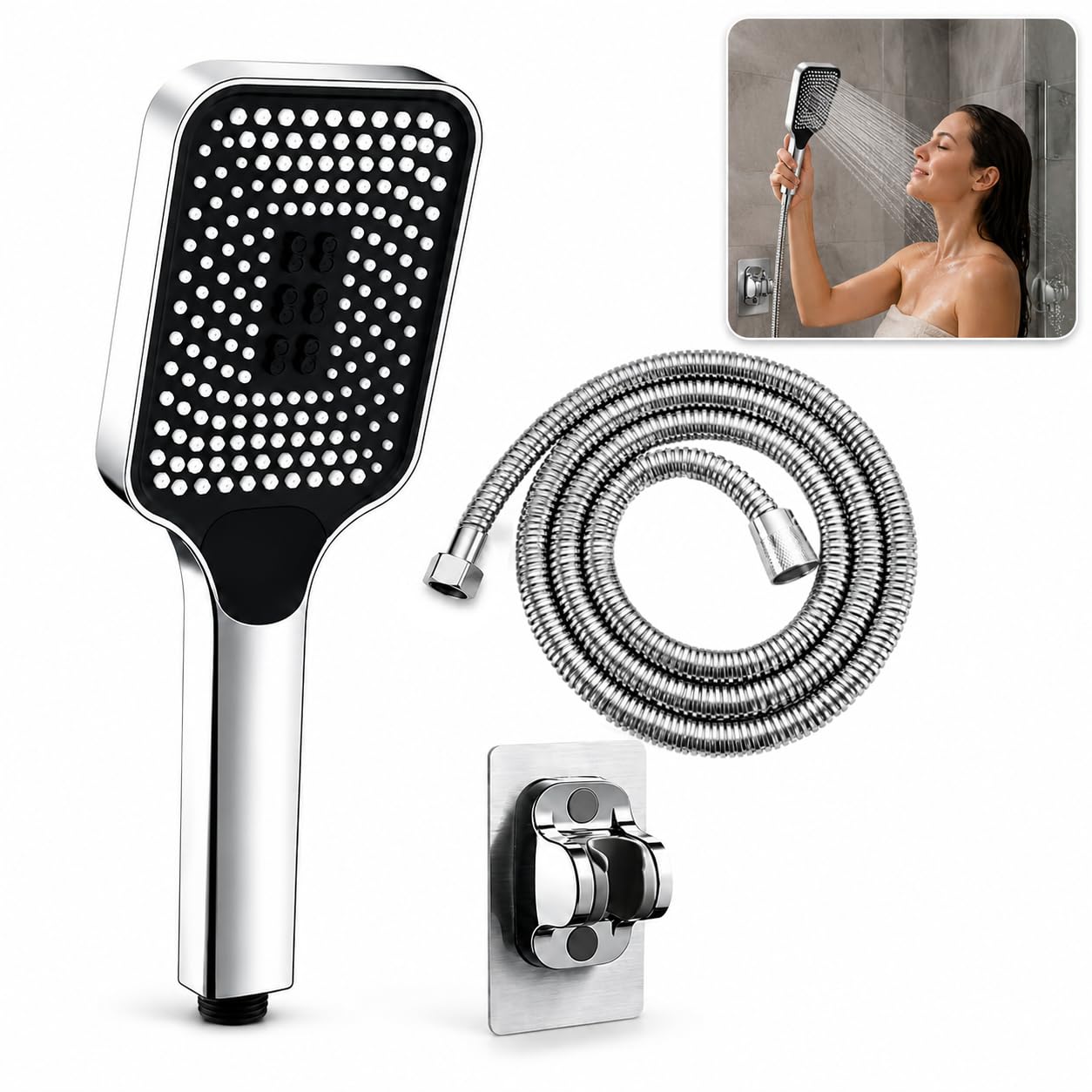 Square High Pressure Handheld Shower, Silver, 3 Modes, 1.5m Hose & Bracket